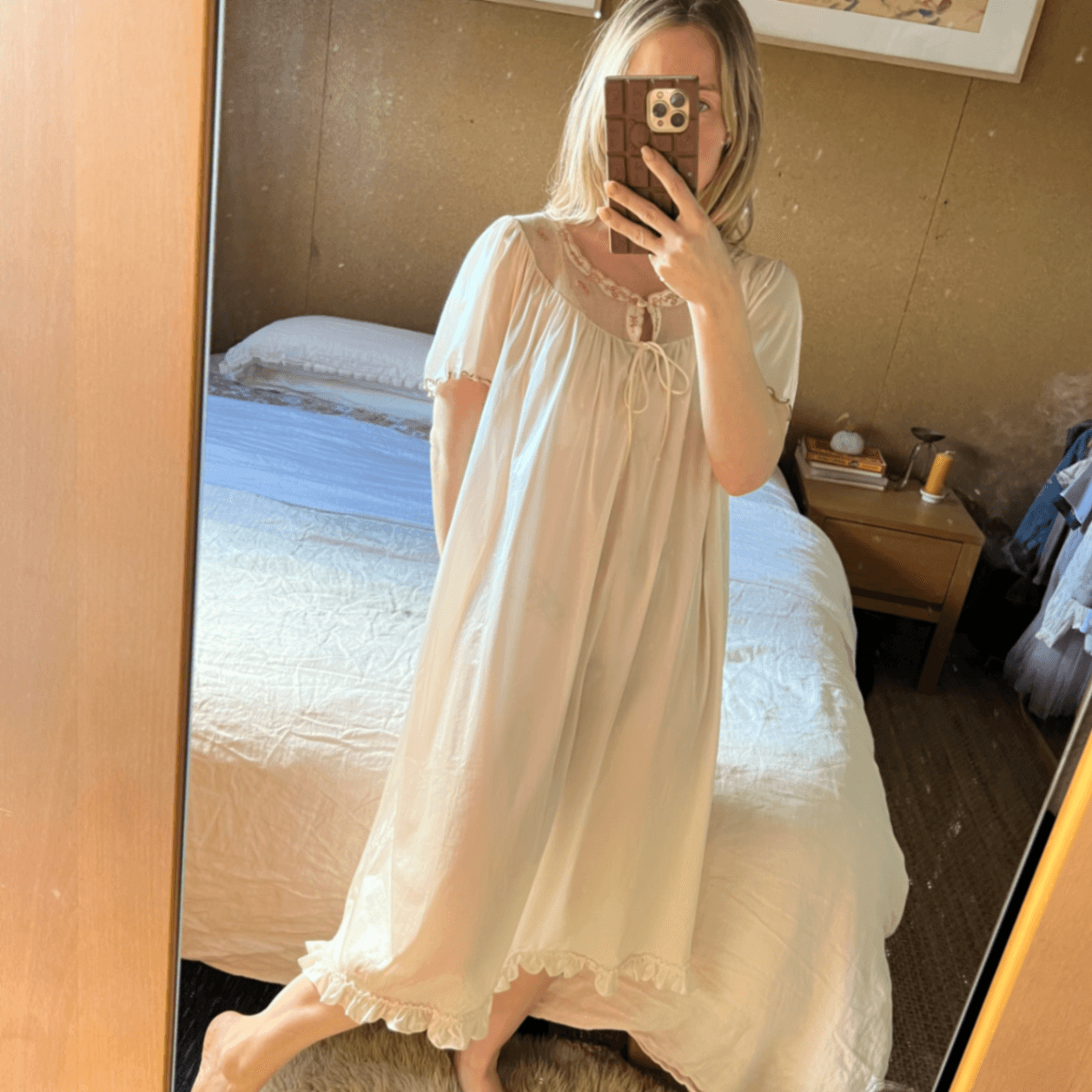Vintage Novita Cream Embroidered Nylon Nightgown Dress Prairie Cottagecore — photo 7 of 8
