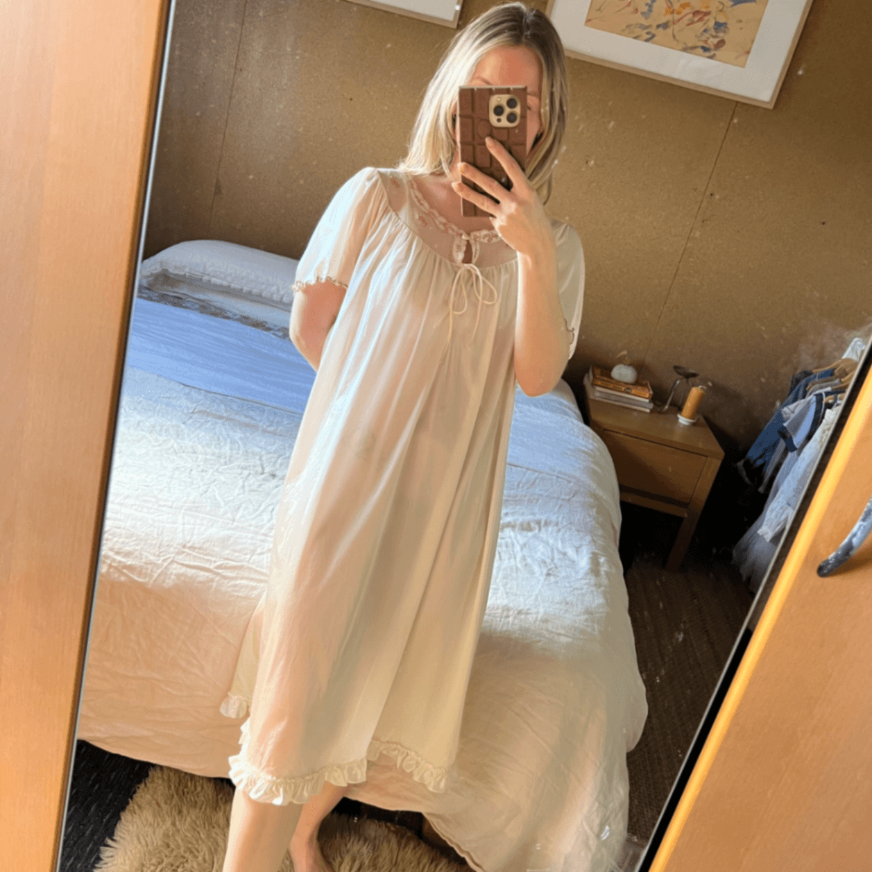 Vintage Novita Cream Embroidered Nylon Nightgown Dress Prairie Cottagecore — photo 8 of 8