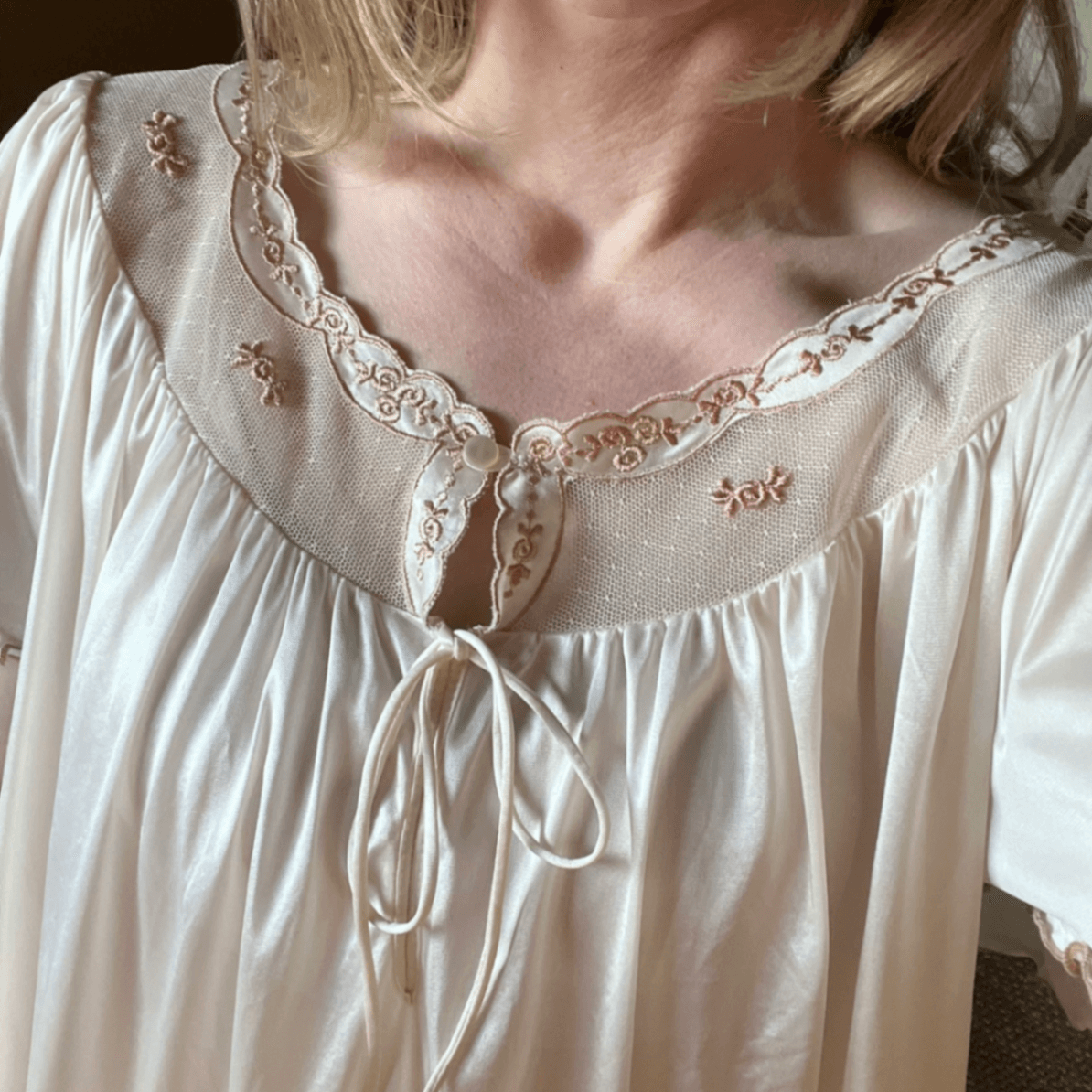 Vintage Novita Cream Embroidered Nylon Nightgown Dress Prairie Cottagecore — photo 2 of 8