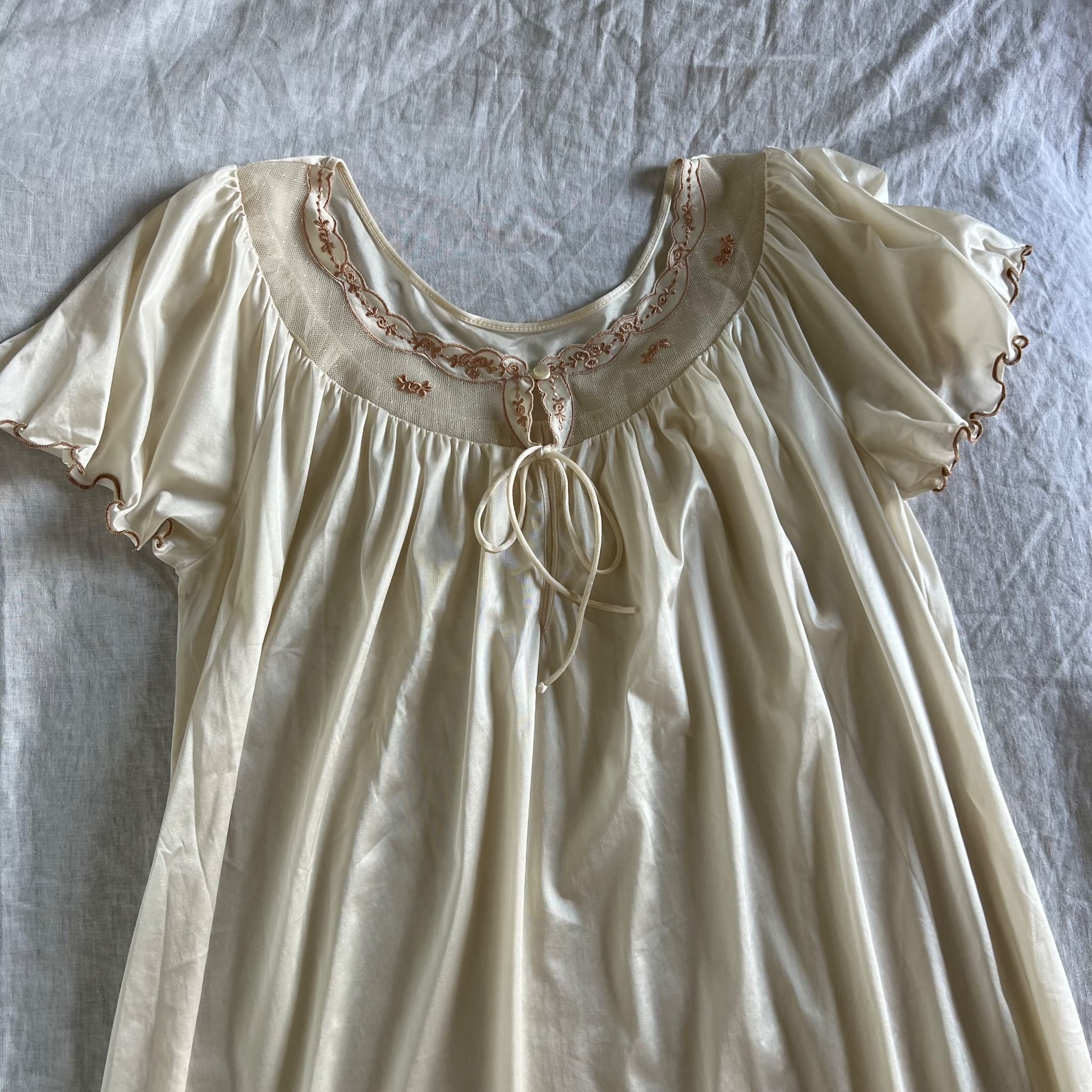 Vintage Novita Cream Embroidered Nylon Nightgown Dress Prairie Cottagecore — photo 1 of 8