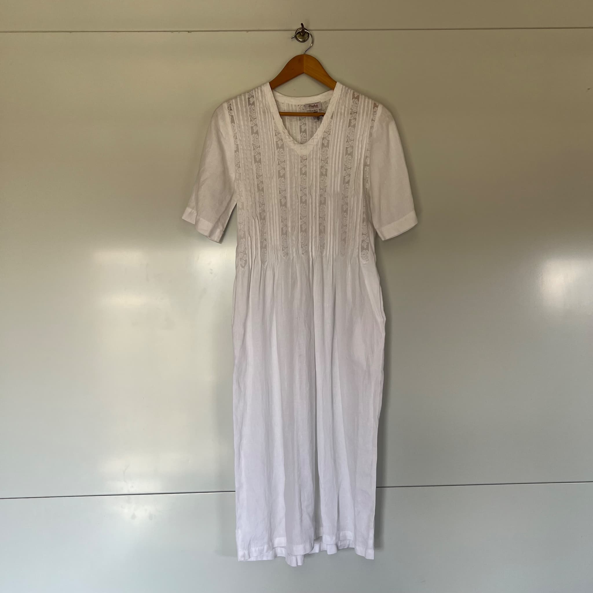Vintage Rachele Positano White 100% Linen Lace Inset Midi Dress (Size S) — photo 4 of 11