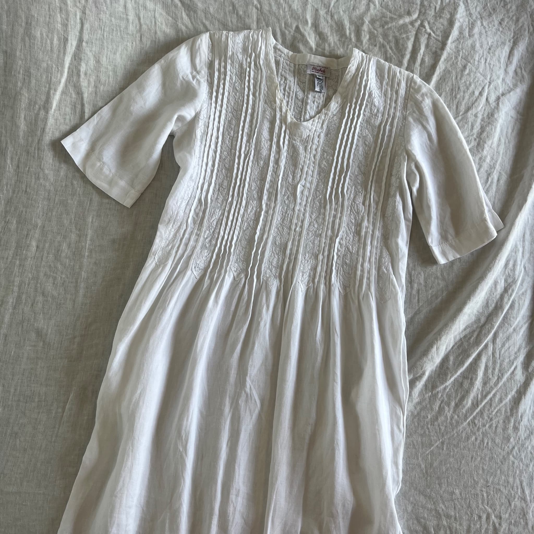 Vintage Rachele Positano White 100% Linen Lace Inset Midi Dress (Size S) — photo 2 of 11
