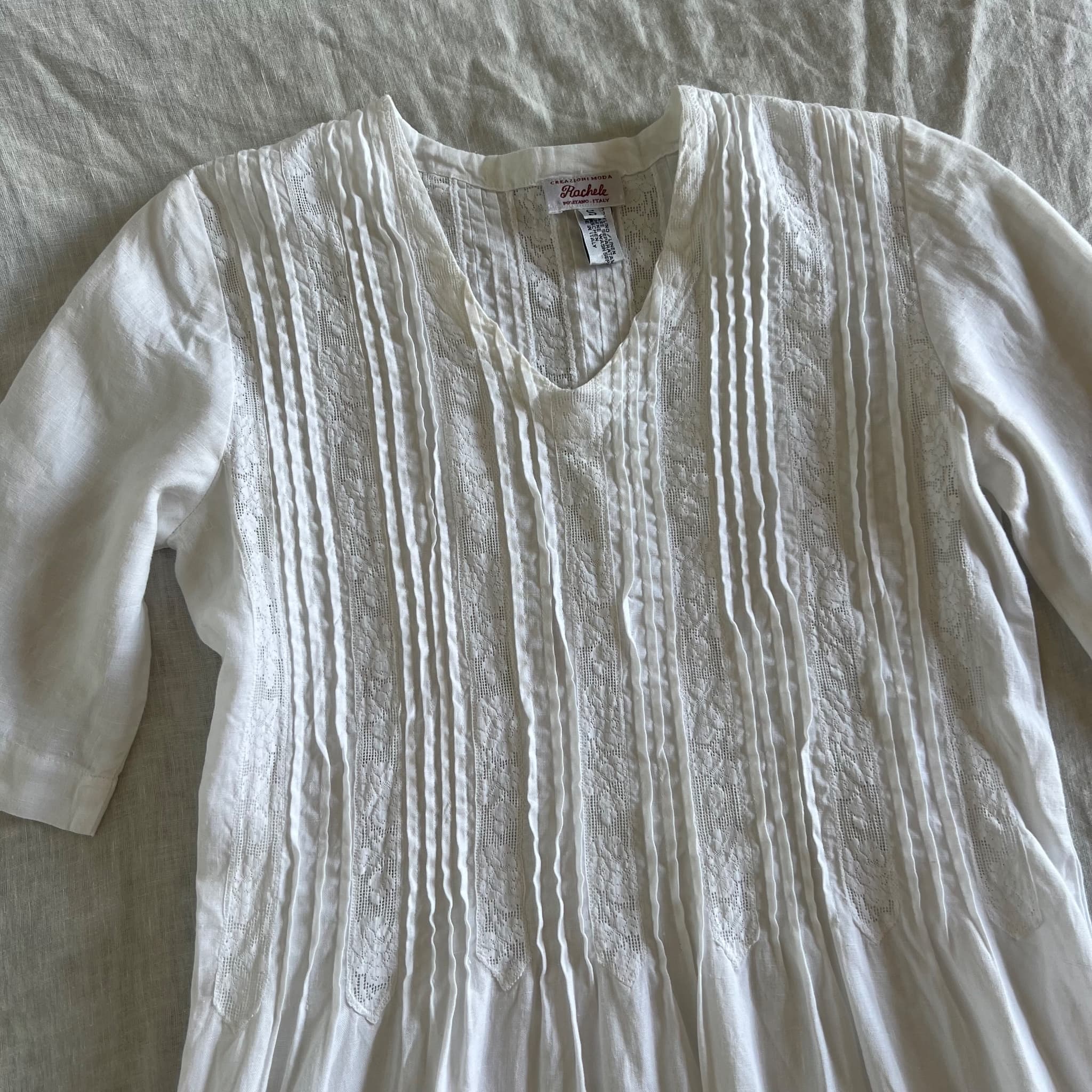 Vintage Rachele Positano White 100% Linen Lace Inset Midi Dress (Size S) — photo 9 of 11