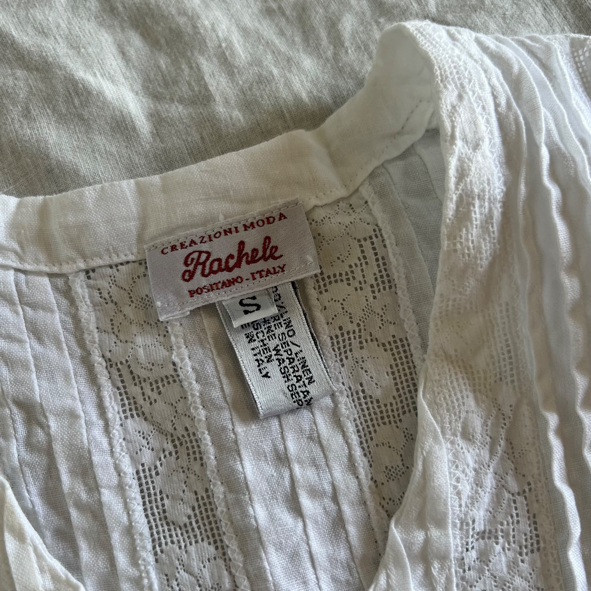 Vintage Rachele Positano White 100% Linen Lace Inset Midi Dress (Size S) — photo 3 of 11