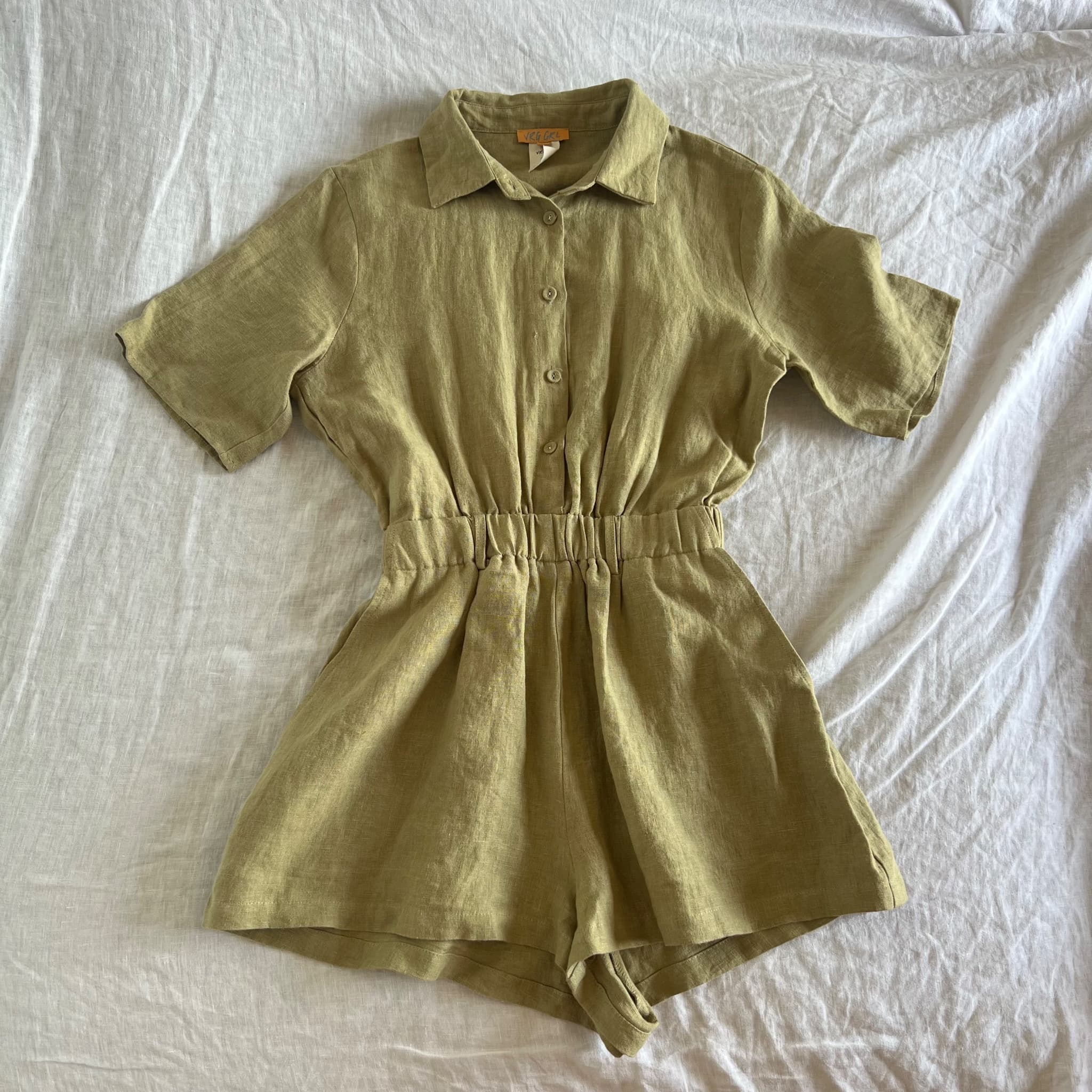 VRG GRL Olive Green 100% Linen Button Up Romper Playsuit (Size 6) — photo 2 of 10