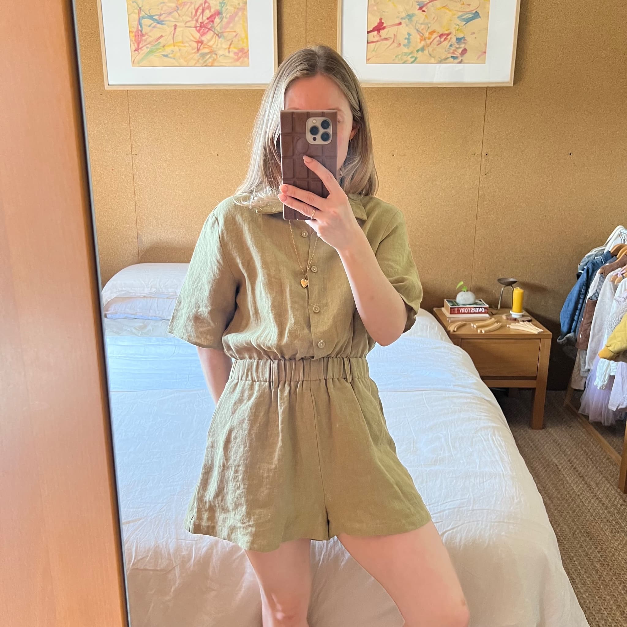 VRG GRL Olive Green 100% Linen Button Up Romper Playsuit (Size 6) — photo 1 of 10