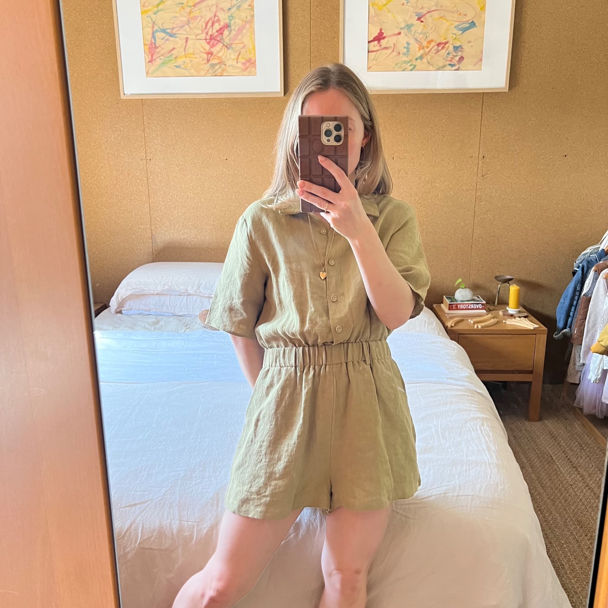 VRG GRL Olive Green 100% Linen Button Up Romper Playsuit (Size 6) — photo 9 of 10