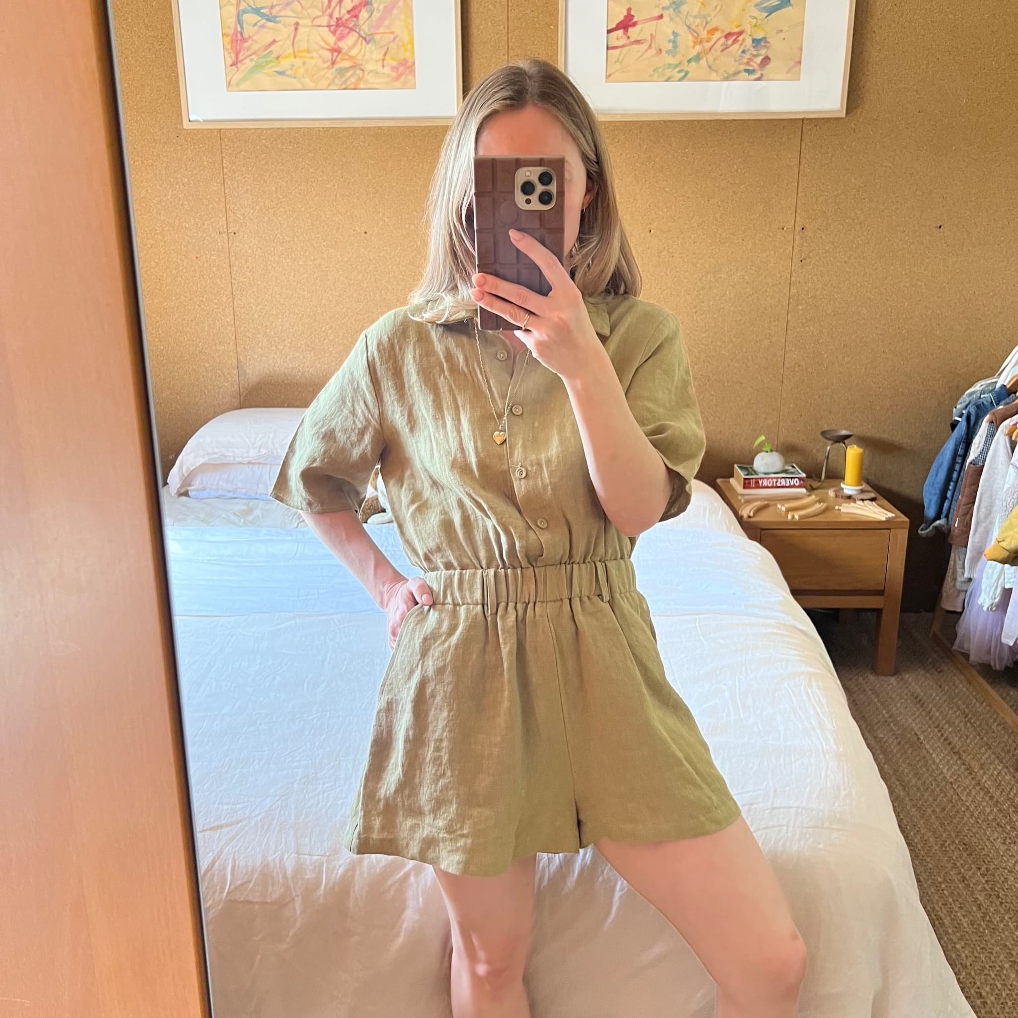 VRG GRL Olive Green 100% Linen Button Up Romper Playsuit (Size 6) — photo 10 of 10