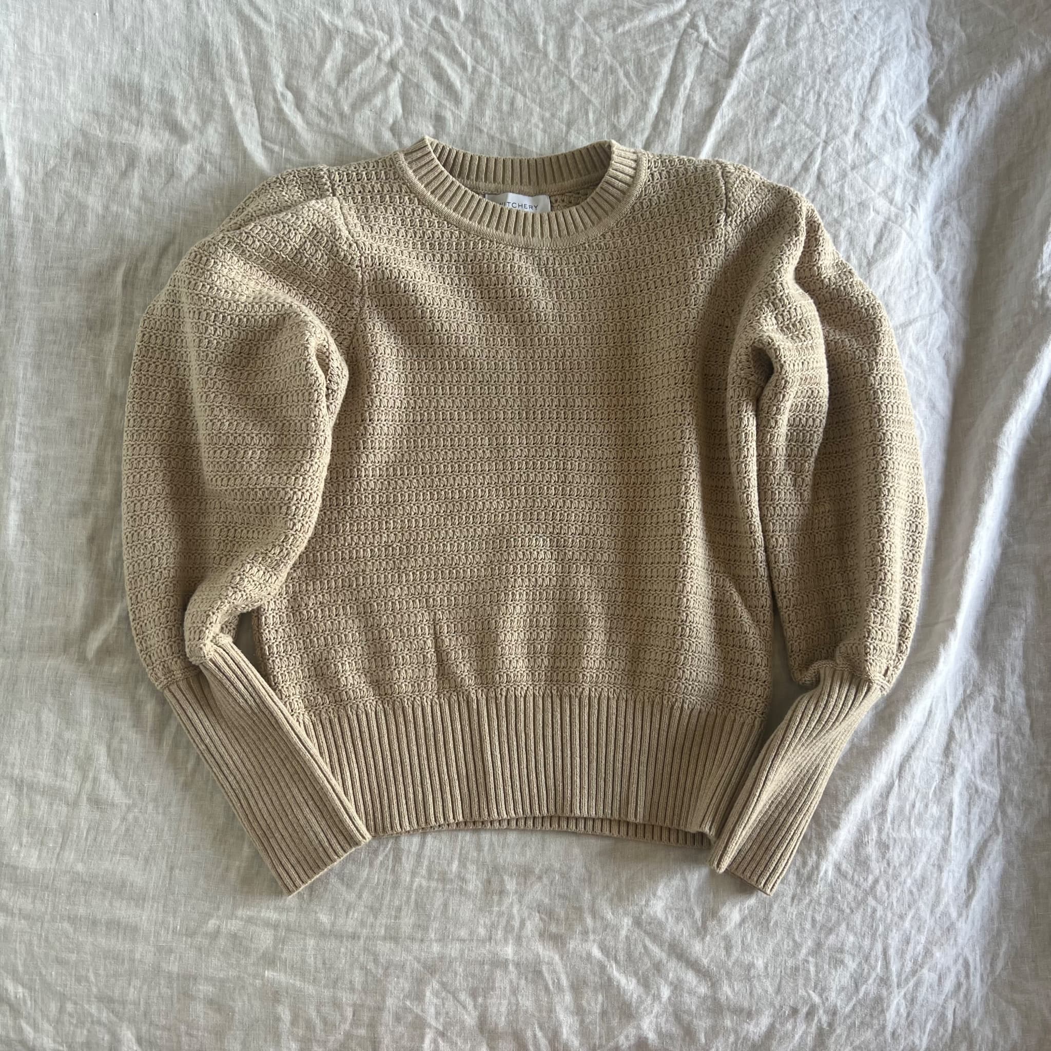 Witchery Beige 100% Cotton Textured Puff Sleeve Knit Jumper (Size S) — photo 2 of 9