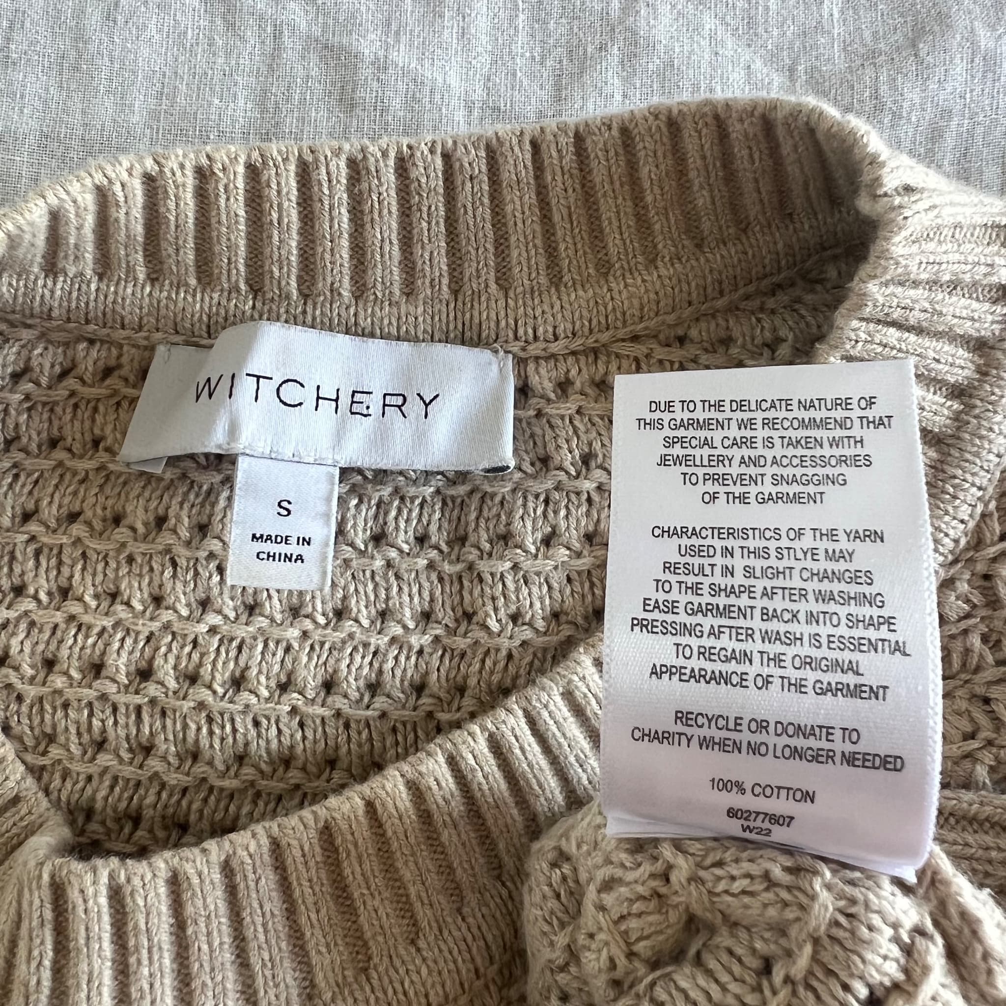 Witchery Beige 100% Cotton Textured Puff Sleeve Knit Jumper (Size S) — photo 5 of 9
