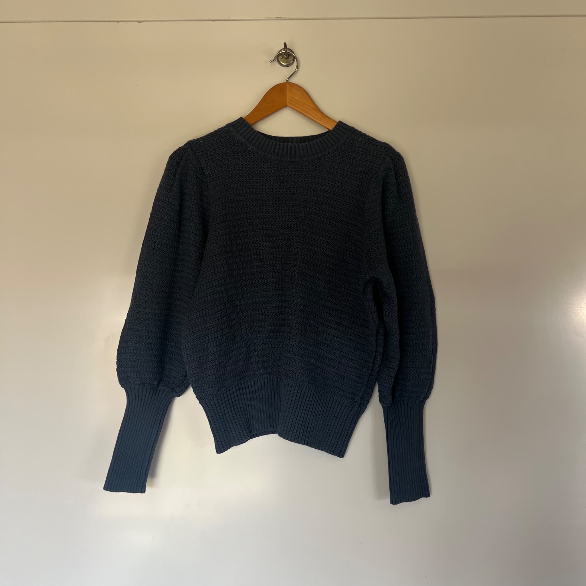 Witchery Dark Navy Textured Knit Sweater - Puff Sleeve Cotton Size S — photo 3 of 11