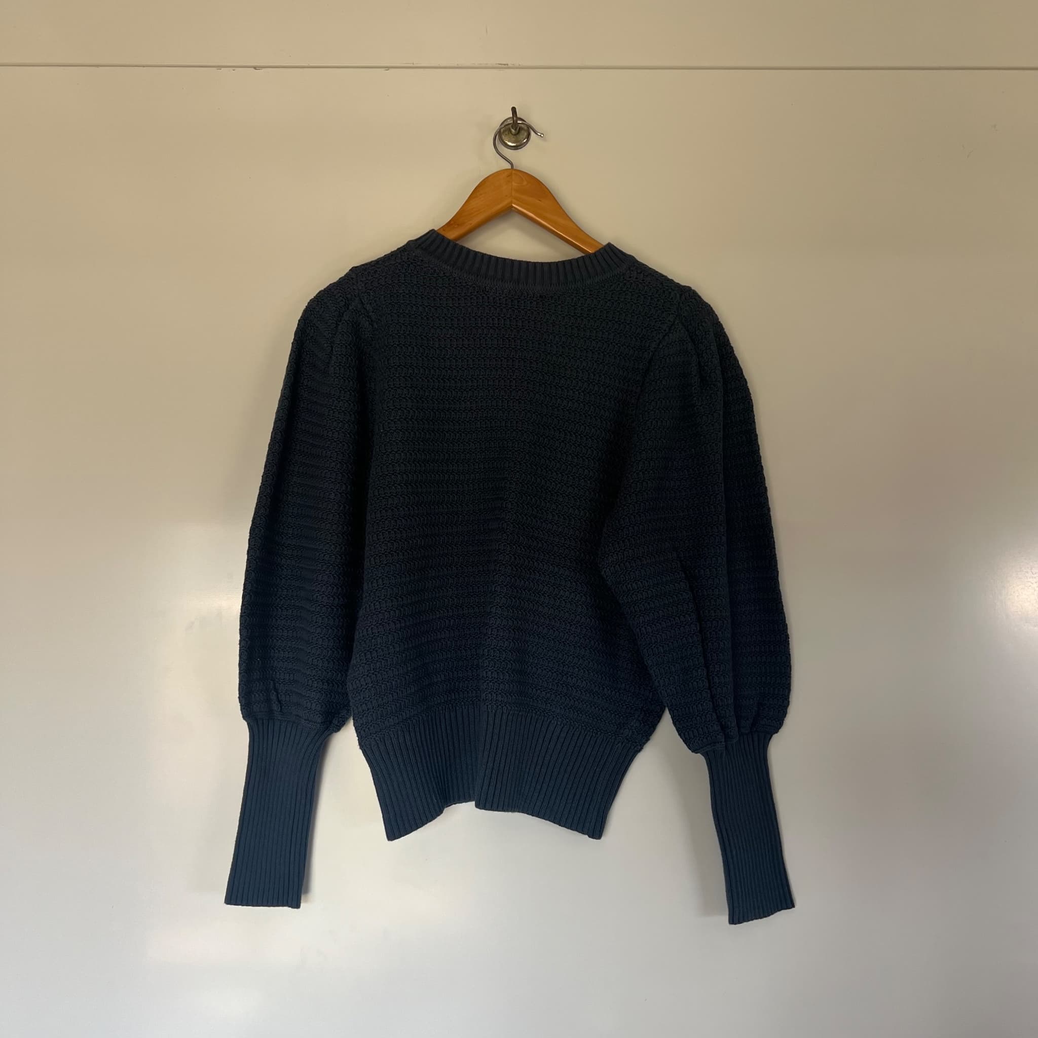 Witchery Dark Navy Textured Knit Sweater - Puff Sleeve Cotton Size S — photo 4 of 11