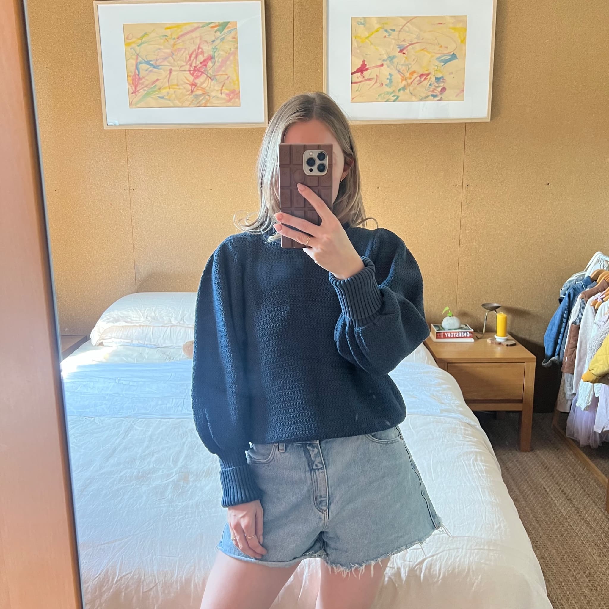 Witchery Dark Navy Textured Knit Sweater - Puff Sleeve Cotton Size S — photo 1 of 11