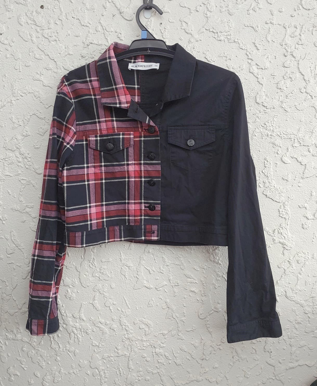 BLACK FRIDAY Split Plaid Cropped Jacket, Black and Red, Size 10 — photo 1 of 10