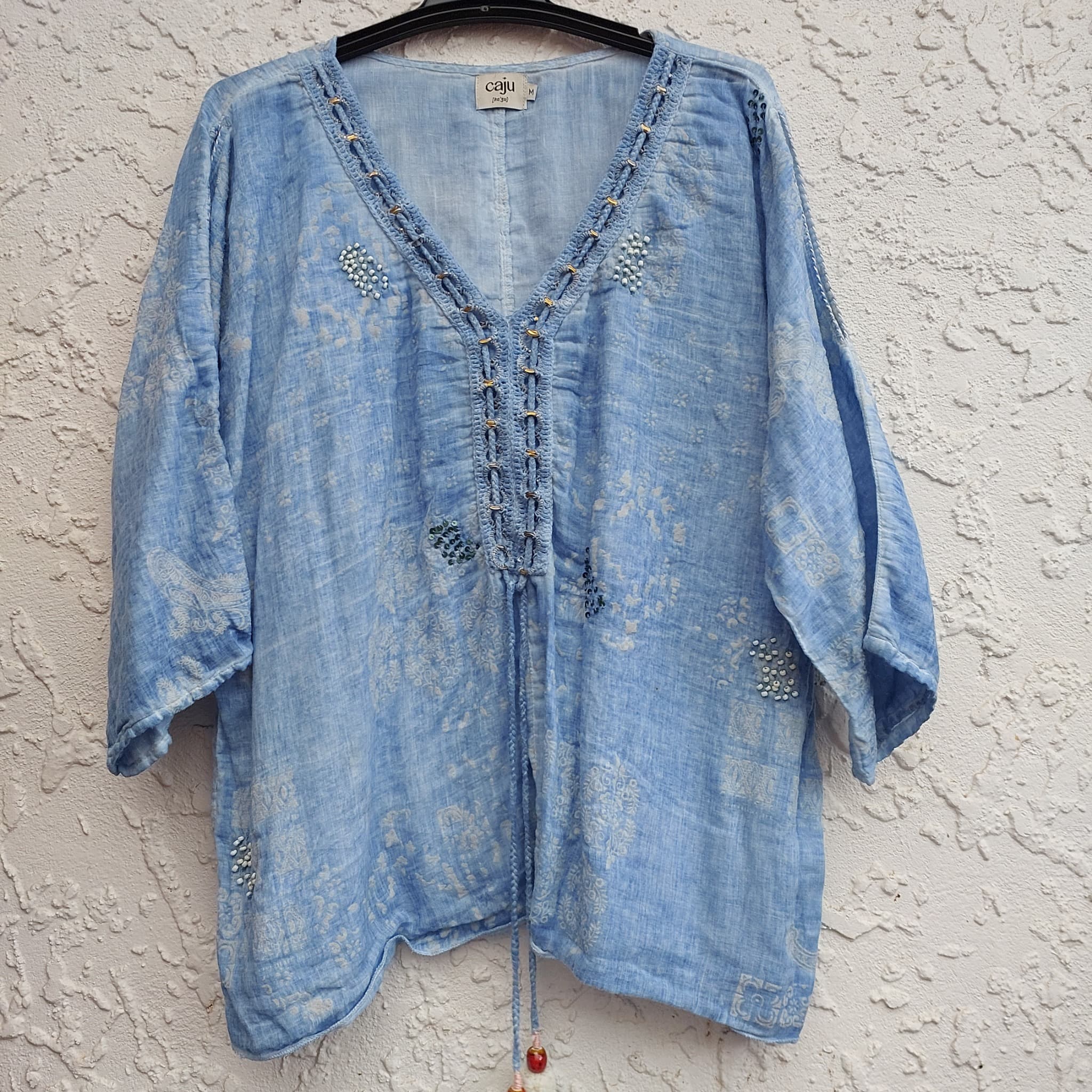 CAJU DESIGNS Blue Beaded Cotton Boho Tunic Top (Size M) — photo 1 of 10