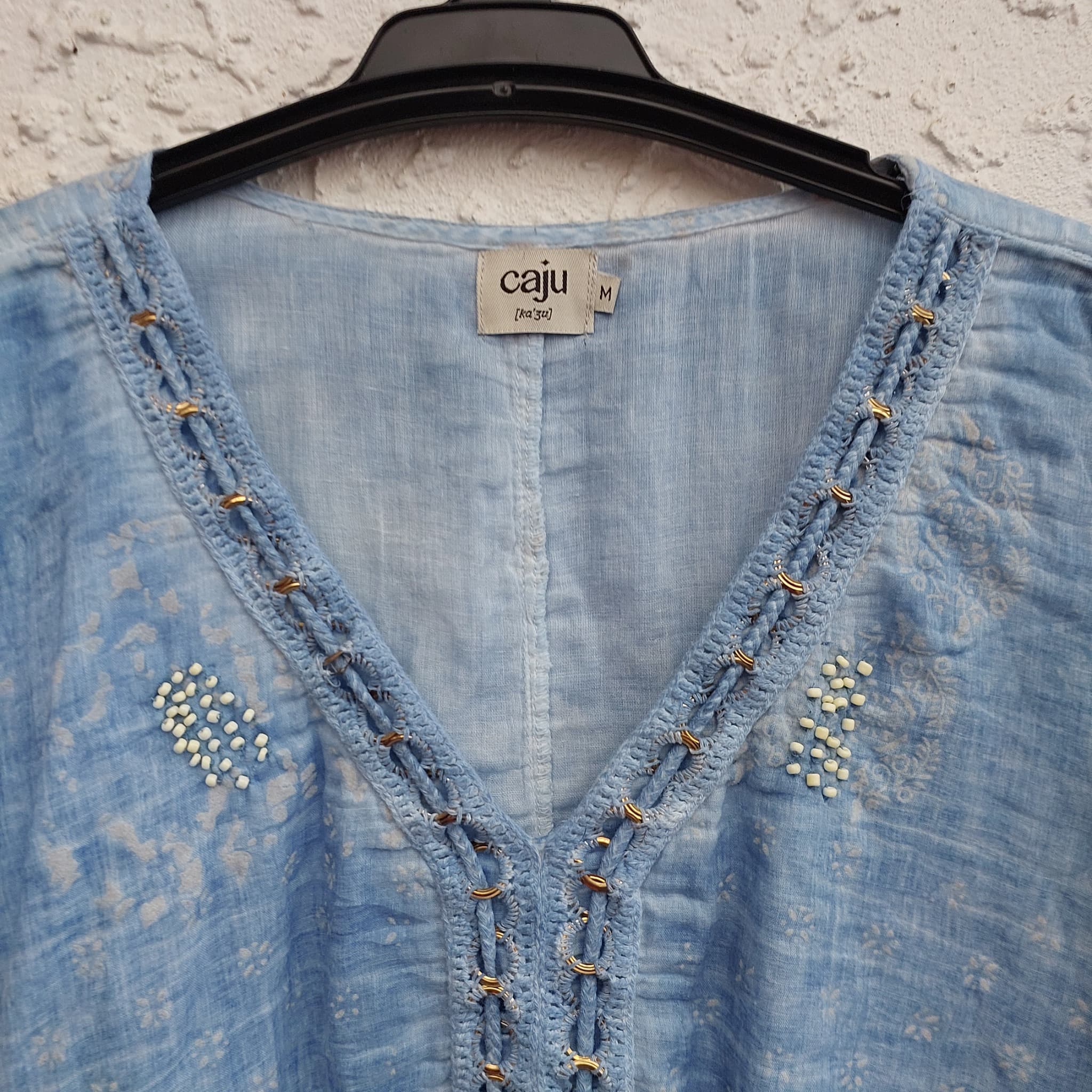CAJU DESIGNS Blue Beaded Cotton Boho Tunic Top (Size M) — photo 4 of 10
