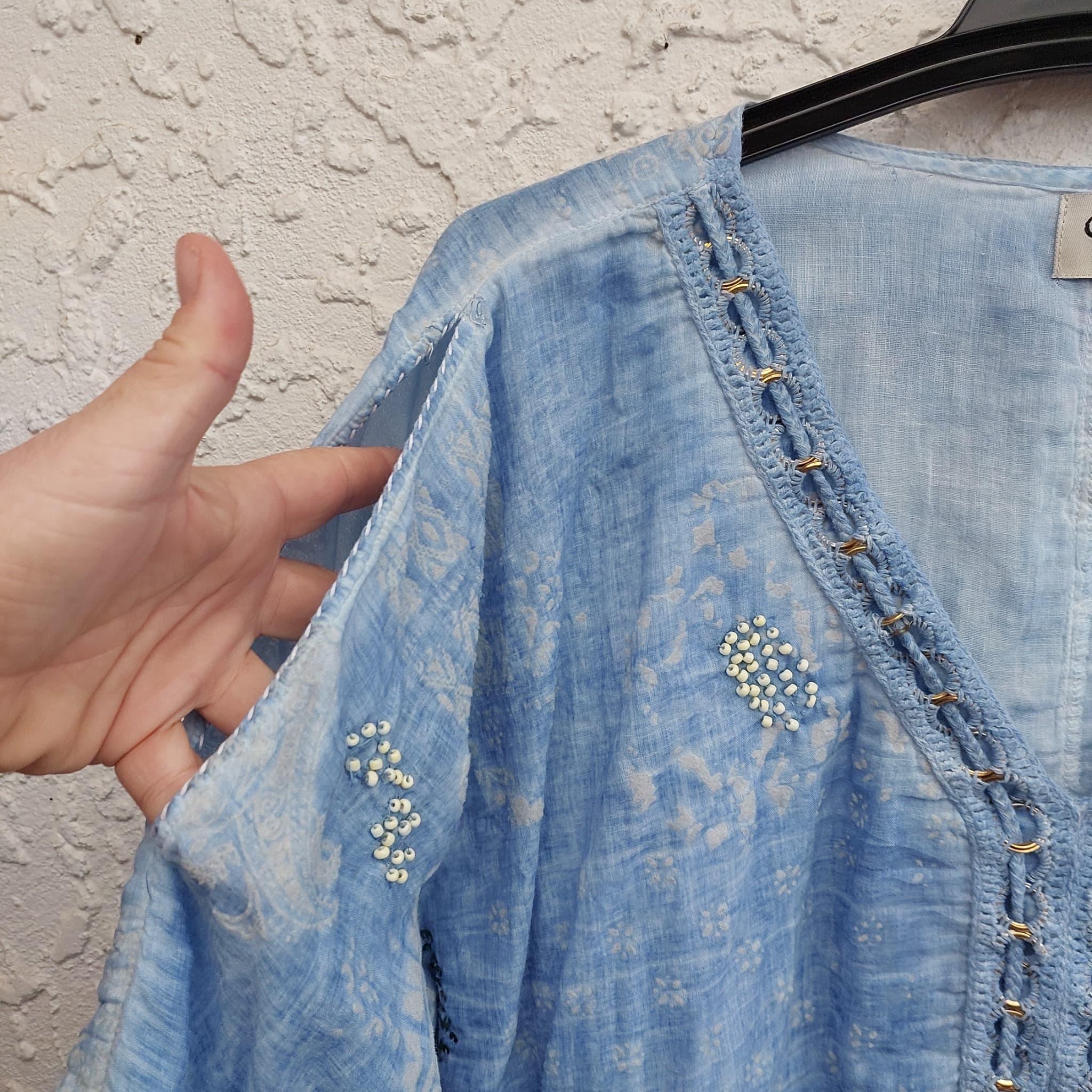 CAJU DESIGNS Blue Beaded Cotton Boho Tunic Top (Size M) — photo 5 of 10