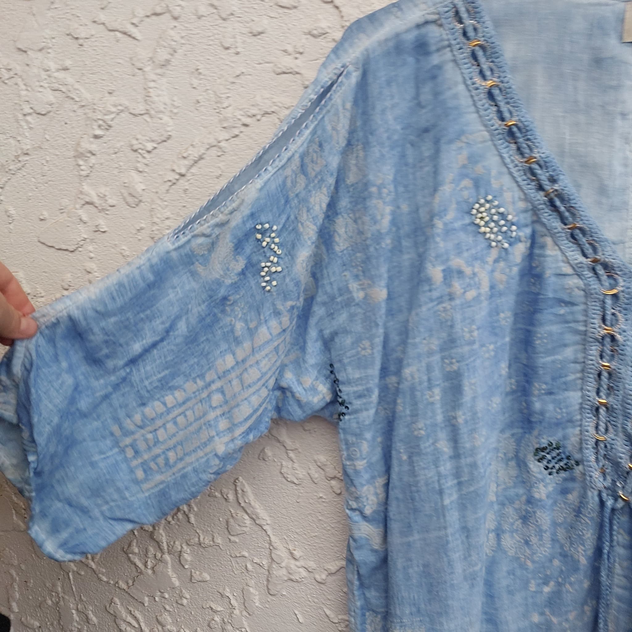 CAJU DESIGNS Blue Beaded Cotton Boho Tunic Top (Size M) — photo 6 of 10