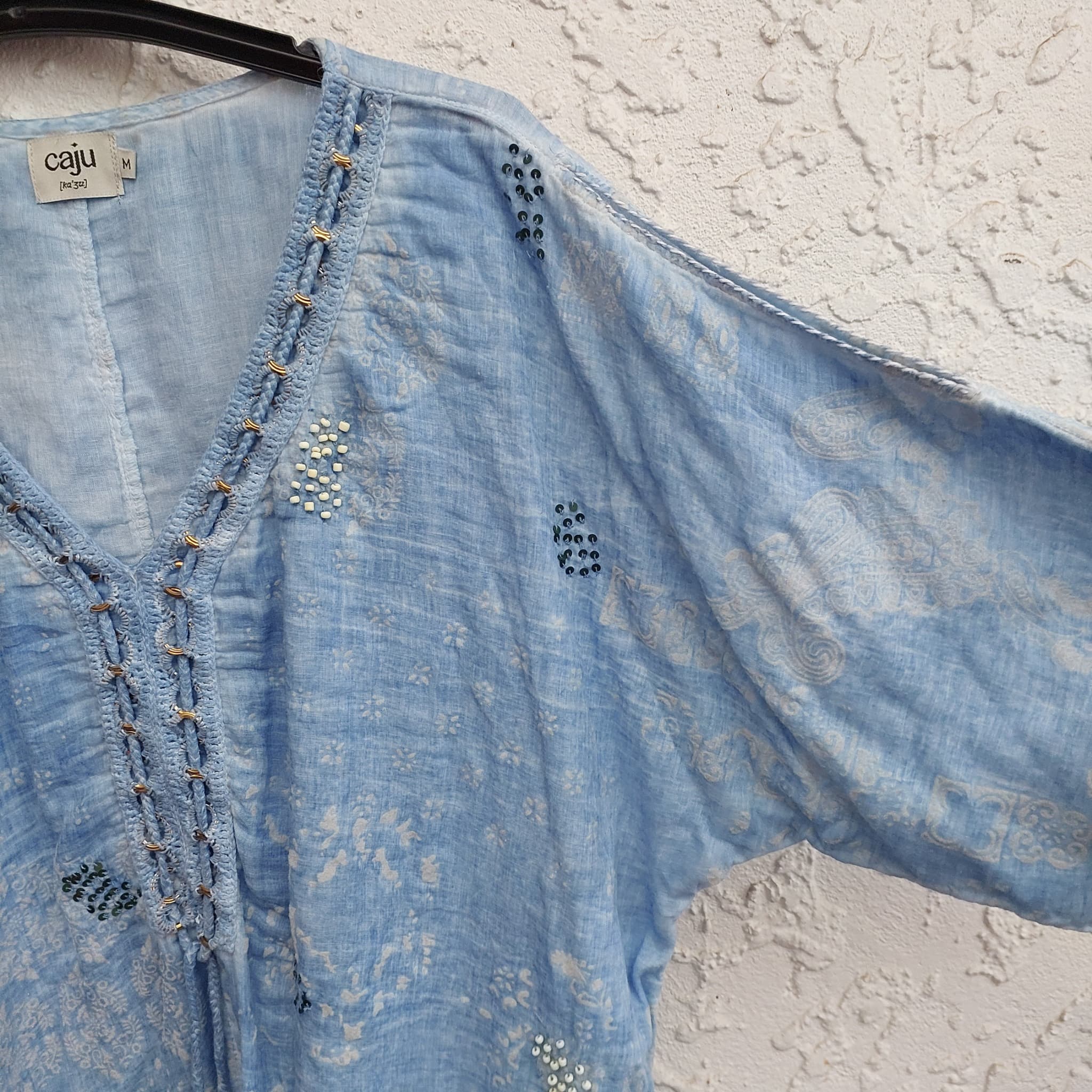 CAJU DESIGNS Blue Beaded Cotton Boho Tunic Top (Size M) — photo 7 of 10