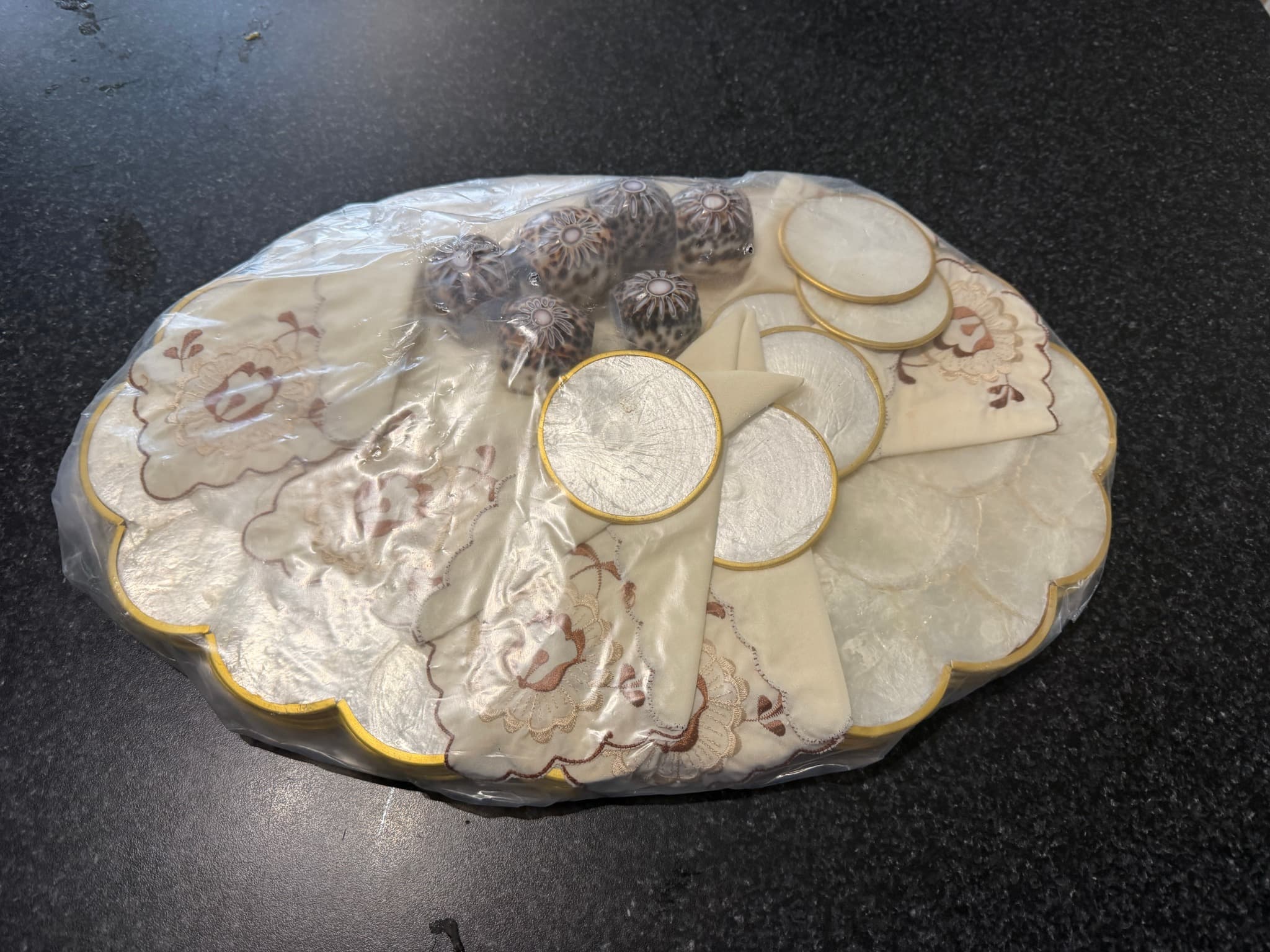Capiz Shell Placemat and Coaster Set with Embroidered Napkins, Cream and Gold — photo 1 of 10