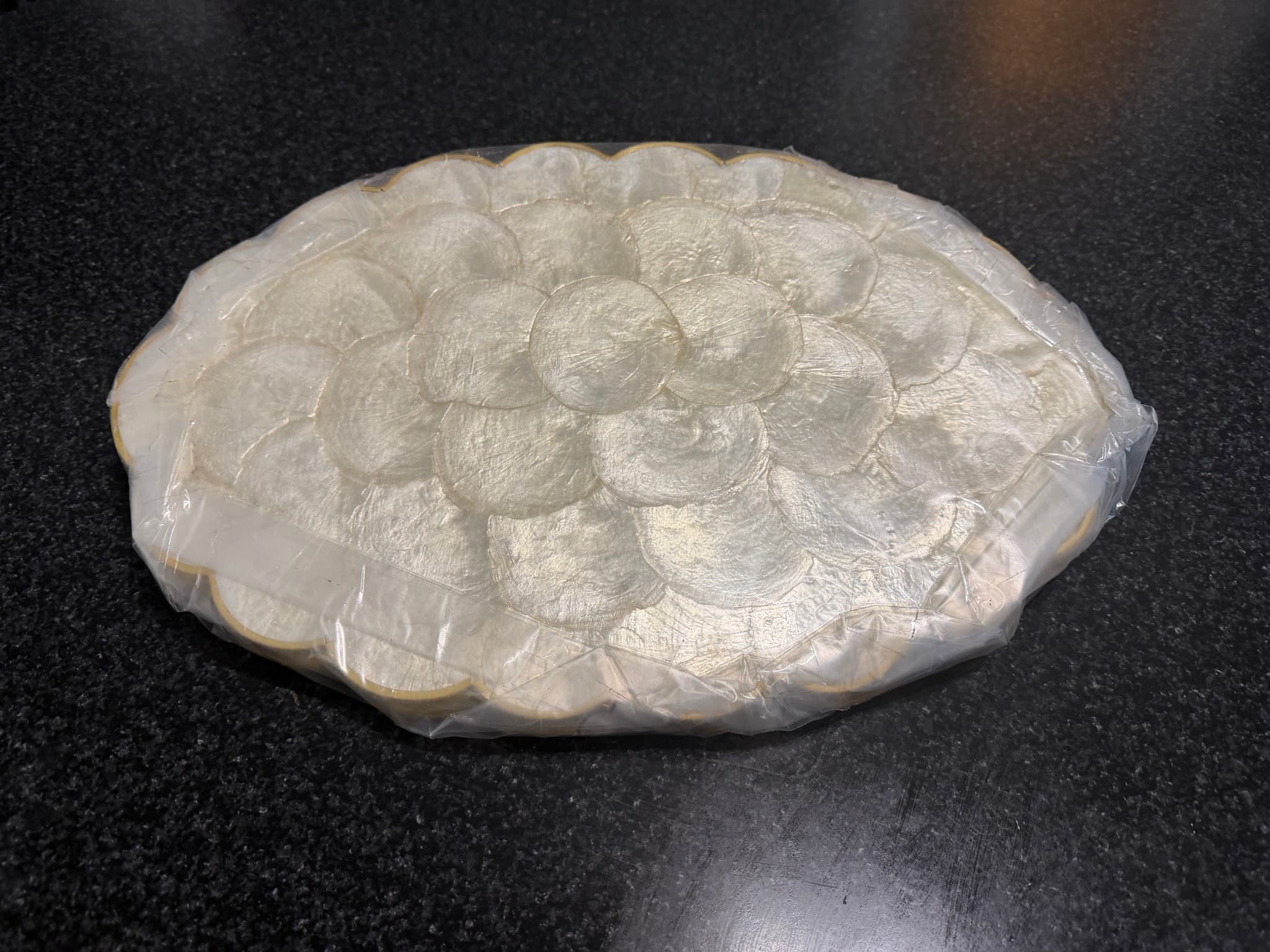 Capiz Shell Placemat and Coaster Set with Embroidered Napkins, Cream and Gold — photo 10 of 10