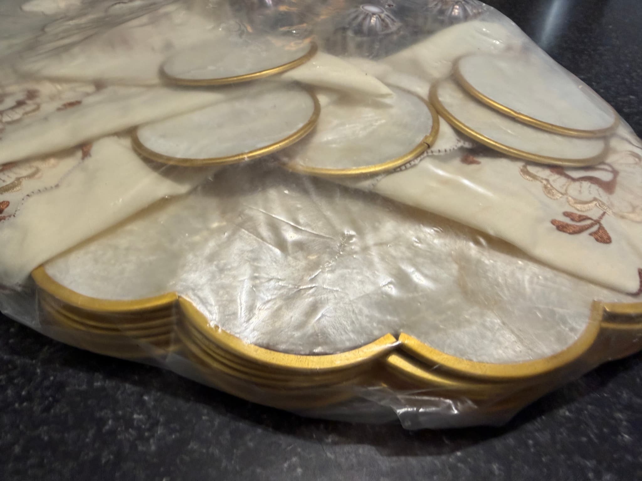 Capiz Shell Placemat and Coaster Set with Embroidered Napkins, Cream and Gold — photo 3 of 10