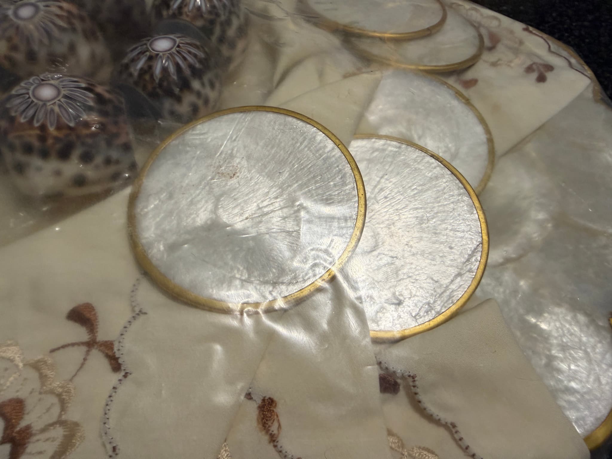 Capiz Shell Placemat and Coaster Set with Embroidered Napkins, Cream and Gold — photo 5 of 10