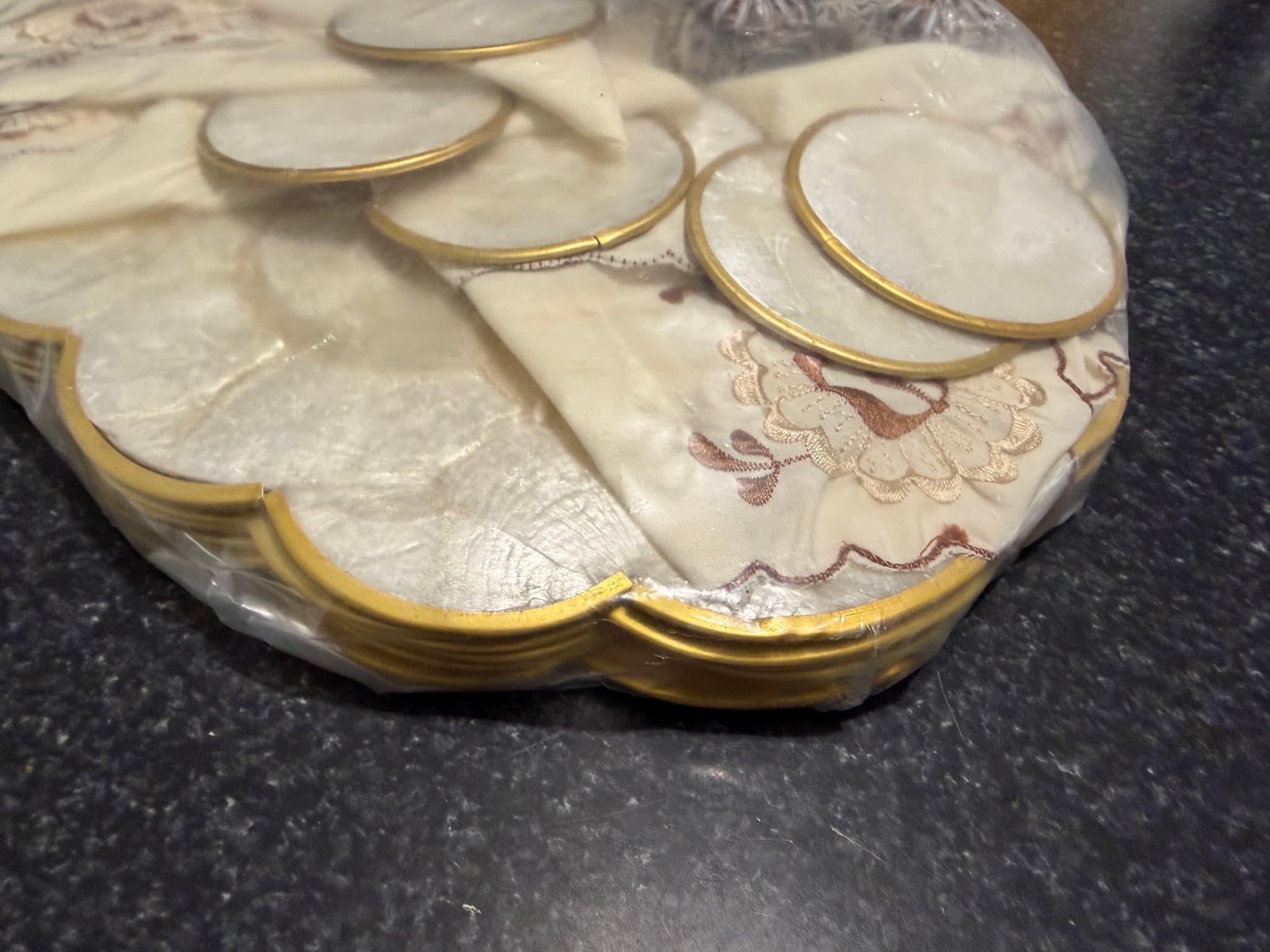 Capiz Shell Placemat and Coaster Set with Embroidered Napkins, Cream and Gold — photo 6 of 10