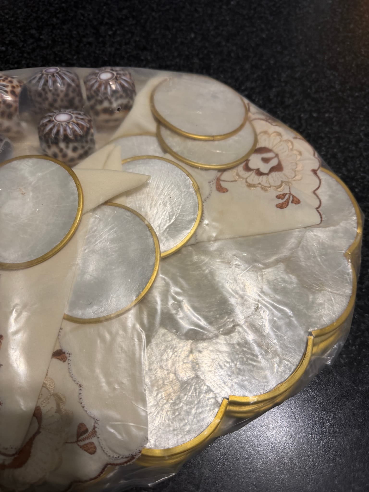 Capiz Shell Placemat and Coaster Set with Embroidered Napkins, Cream and Gold — photo 7 of 10