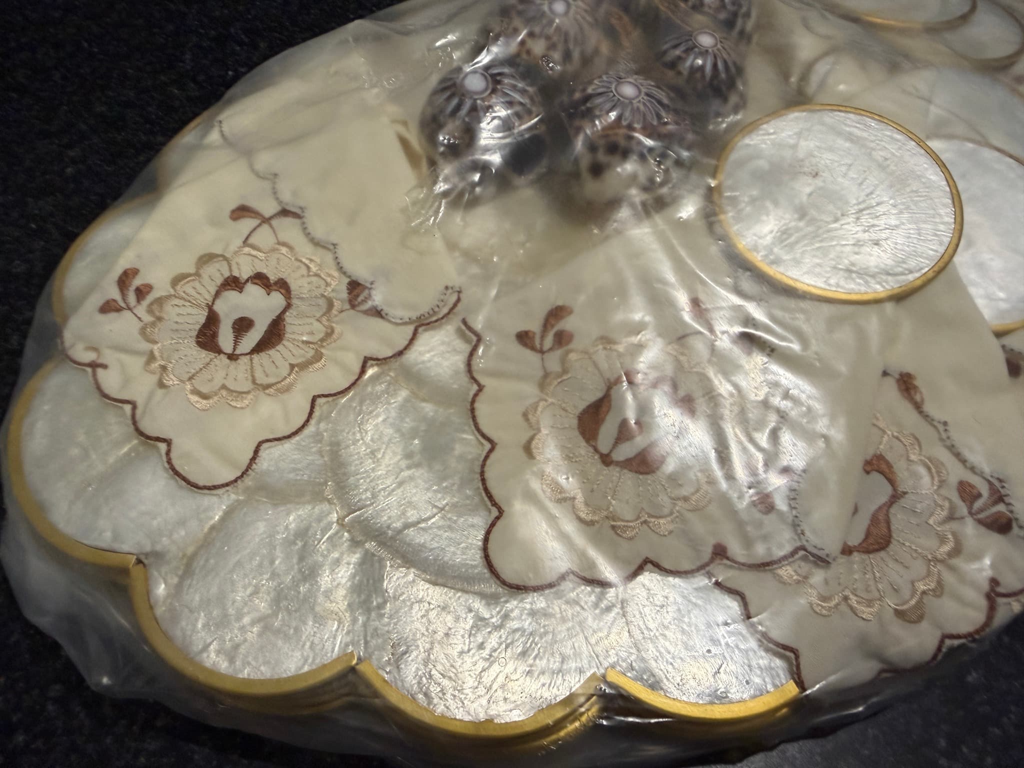 Capiz Shell Placemat and Coaster Set with Embroidered Napkins, Cream and Gold — photo 9 of 10
