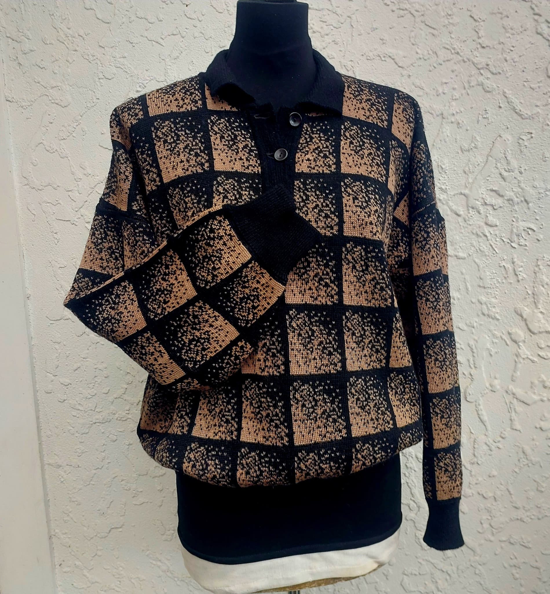 Glengyle Wool Polo Sweater, Black and Tan Checkered, Size 12 — photo 1 of 9