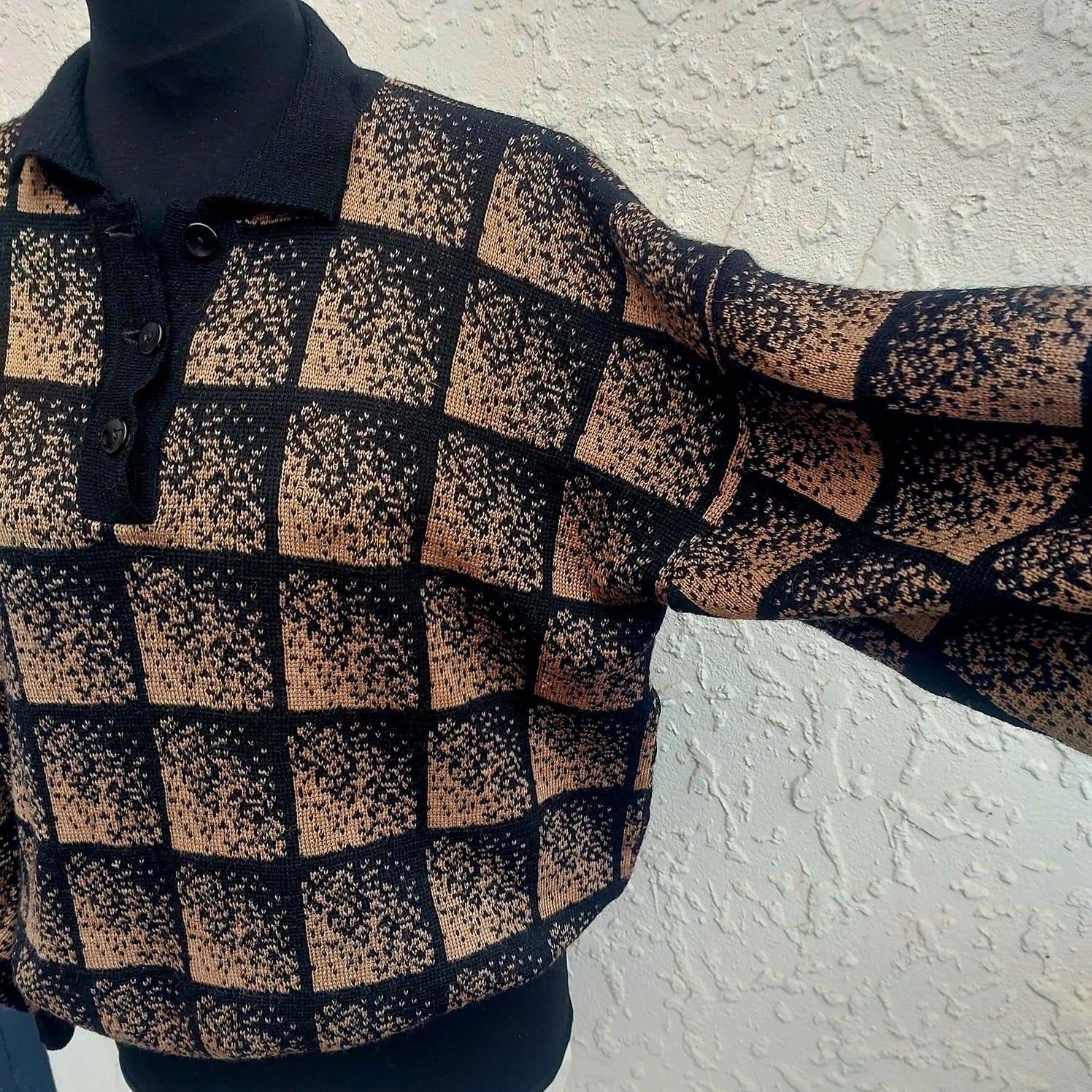 Glengyle Wool Polo Sweater, Black and Tan Checkered, Size 12 — photo 8 of 9