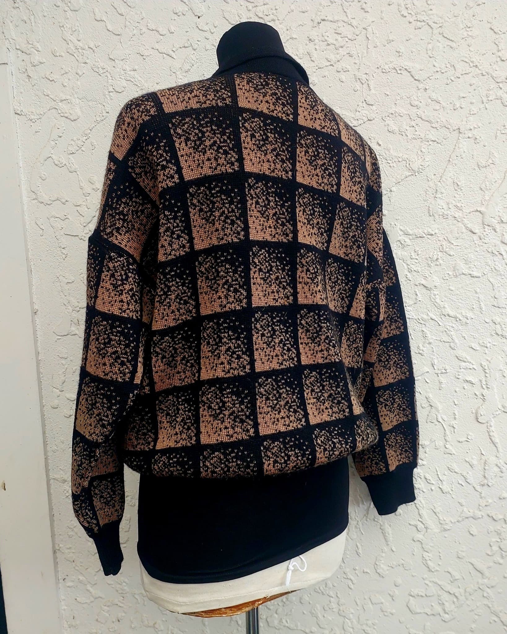 Glengyle Wool Polo Sweater, Black and Tan Checkered, Size 12 — photo 2 of 9