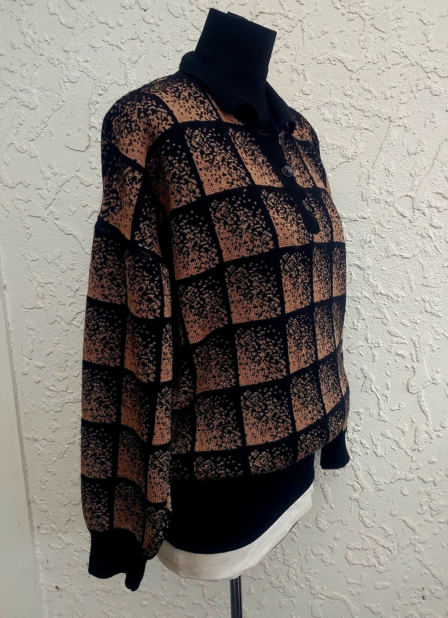 Glengyle Wool Polo Sweater, Black and Tan Checkered, Size 12 — photo 3 of 9
