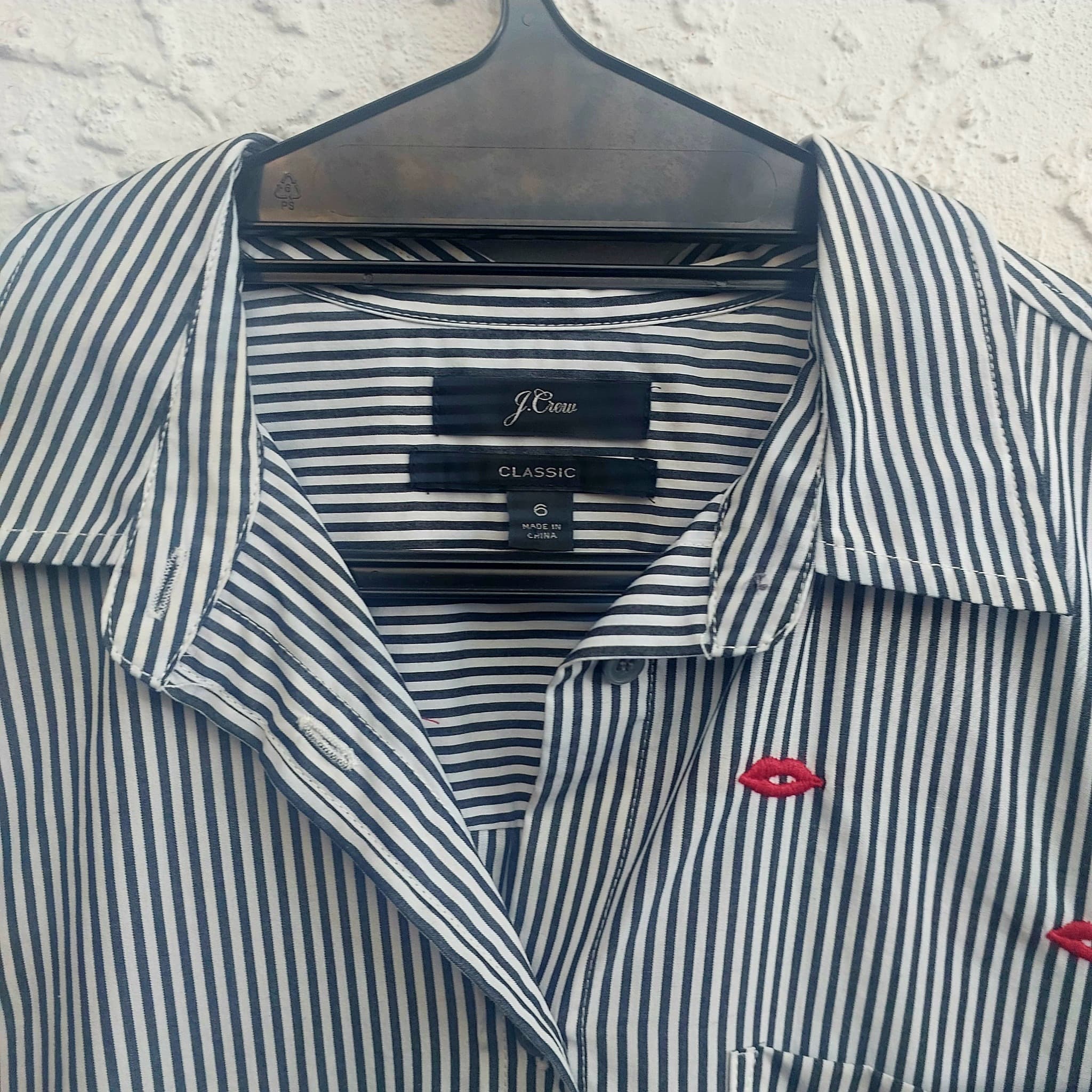 J.Crew Button-Down Shirt, Navy and White Stripe, Red Lip Embroidery, Size 10 — photo 2 of 8