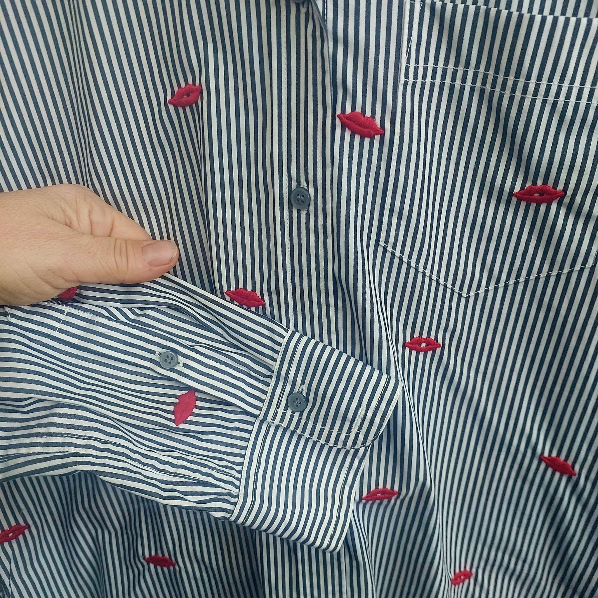 J.Crew Button-Down Shirt, Navy and White Stripe, Red Lip Embroidery, Size 10 — photo 3 of 8