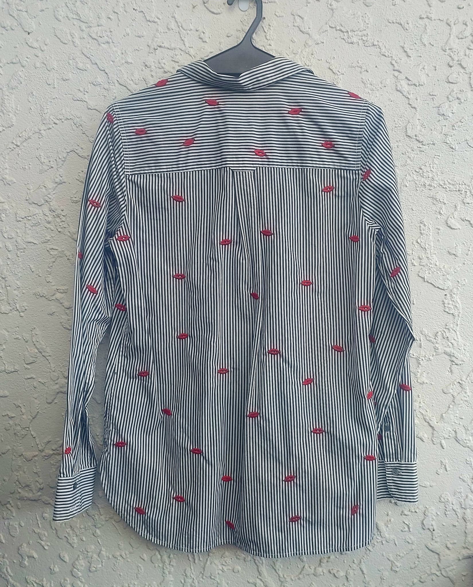 J.Crew Button-Down Shirt, Navy and White Stripe, Red Lip Embroidery, Size 10 — photo 1 of 8