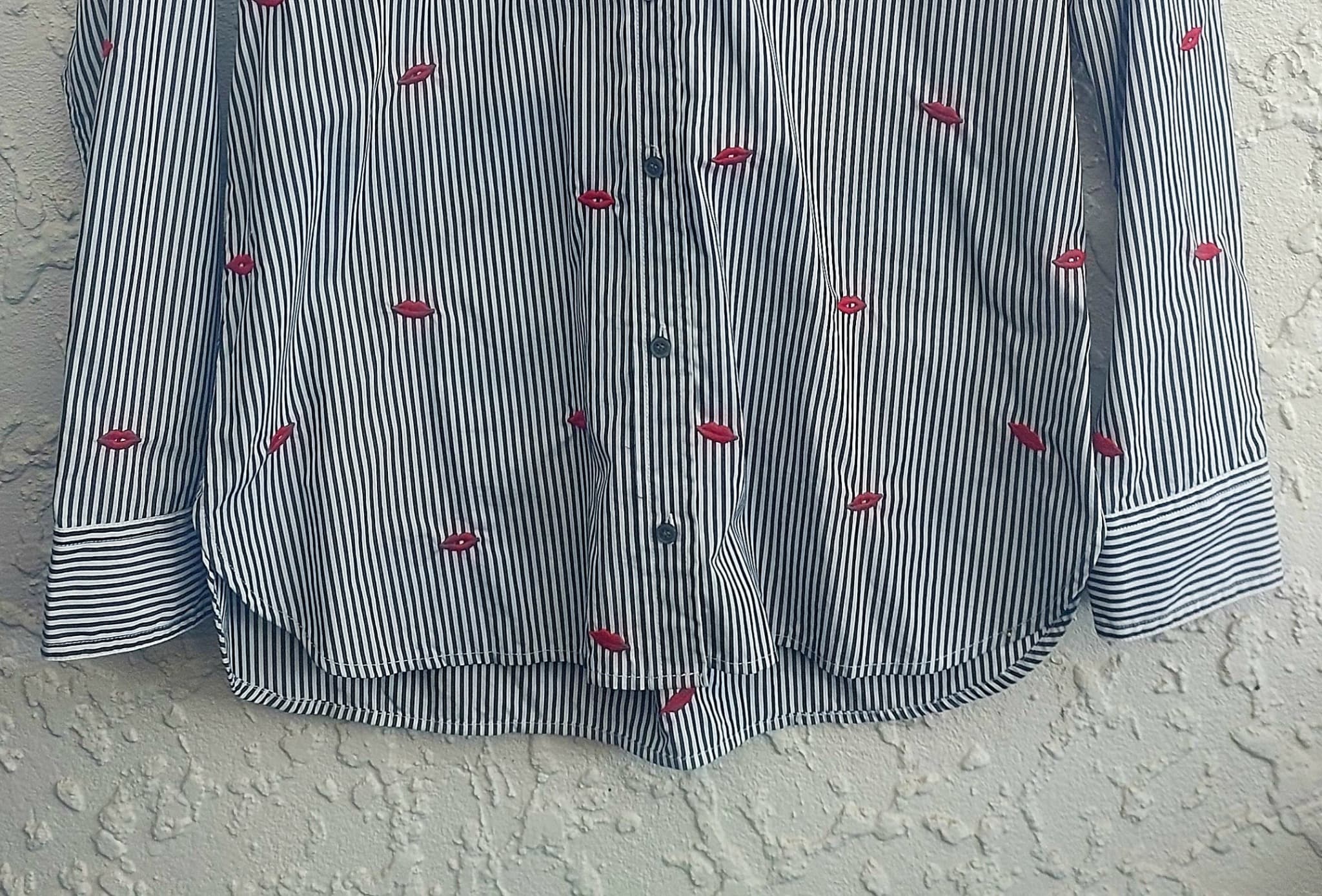 J.Crew Button-Down Shirt, Navy and White Stripe, Red Lip Embroidery, Size 10 — photo 6 of 8