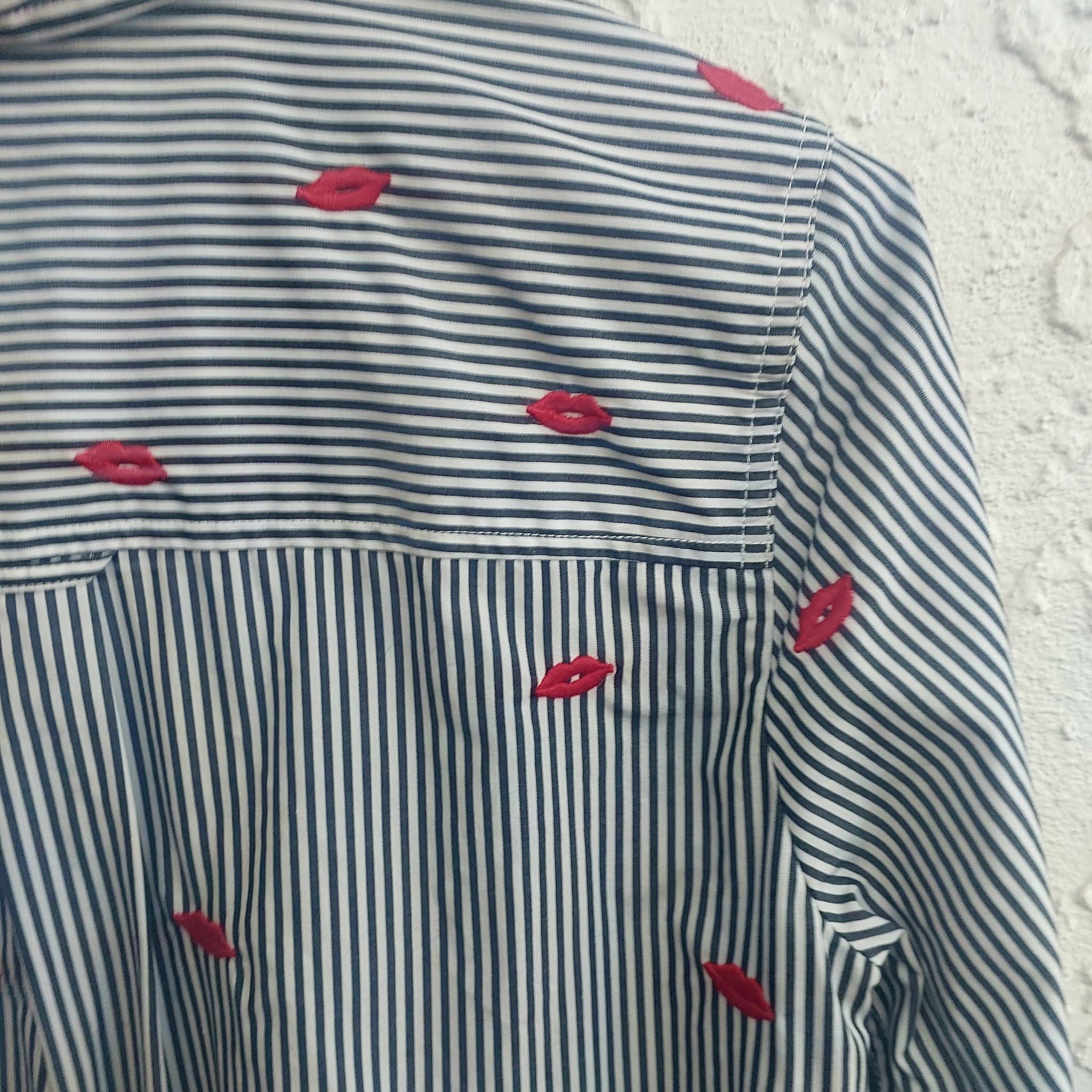 J.Crew Button-Down Shirt, Navy and White Stripe, Red Lip Embroidery, Size 10 — photo 7 of 8