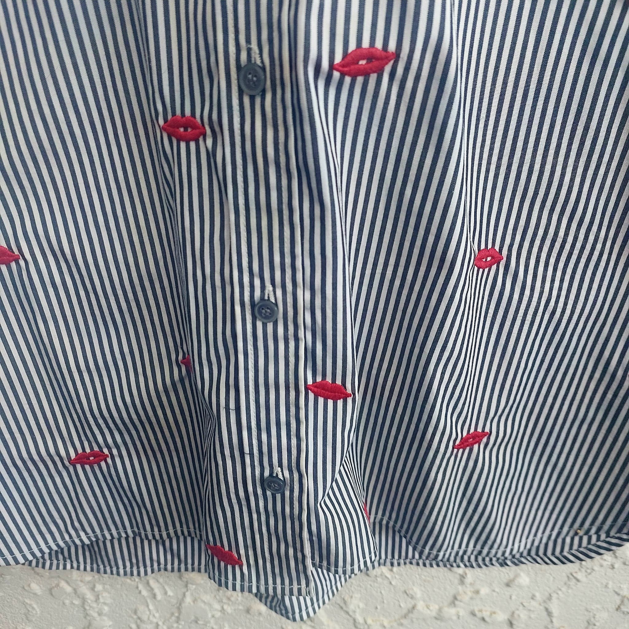 J.Crew Button-Down Shirt, Navy and White Stripe, Red Lip Embroidery, Size 10 — photo 8 of 8