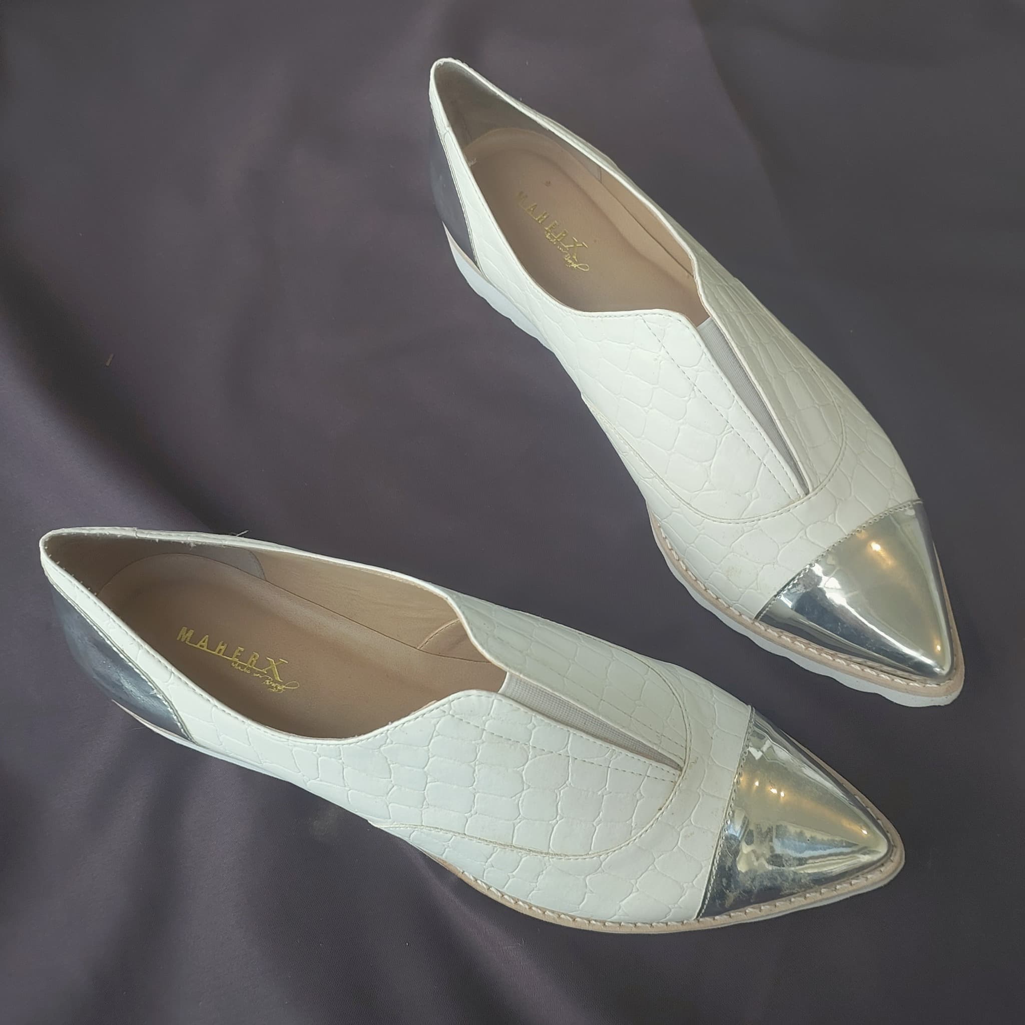 MAHER NZ white croc silver cap toe, pointed slipon platform loafers / Sz 41, BRAND NEW — photo 1 of 9