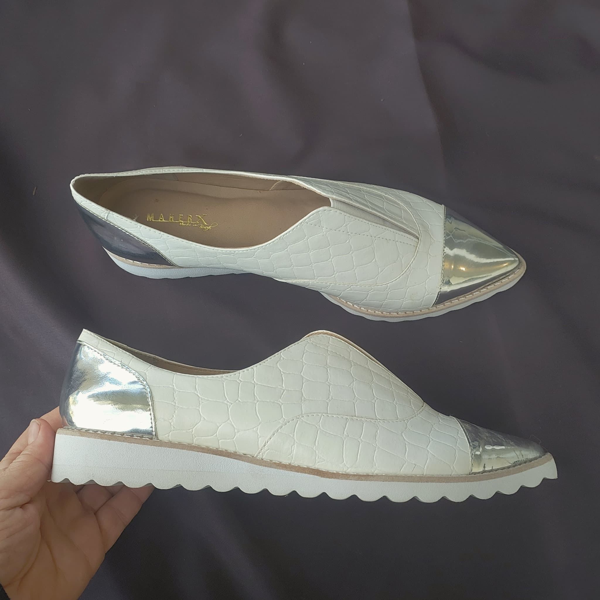 MAHER NZ white croc silver cap toe, pointed slipon platform loafers / Sz 41, BRAND NEW — photo 2 of 9