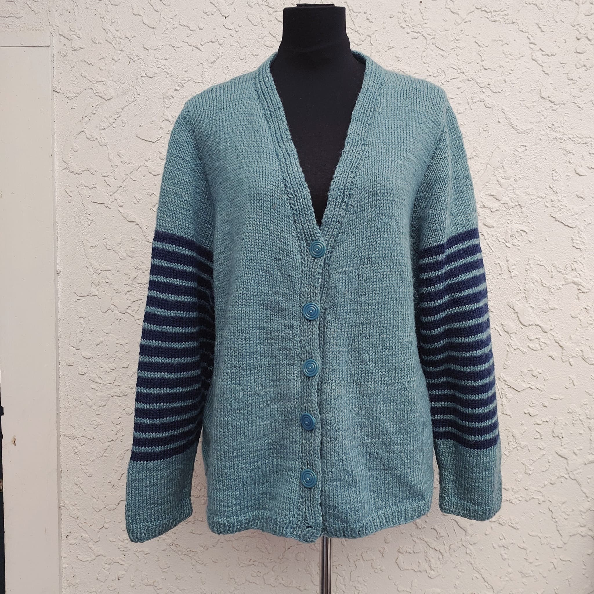 Oversized hand-knitted cardigan, teal with navy Striped Sleeves, Wool Blend