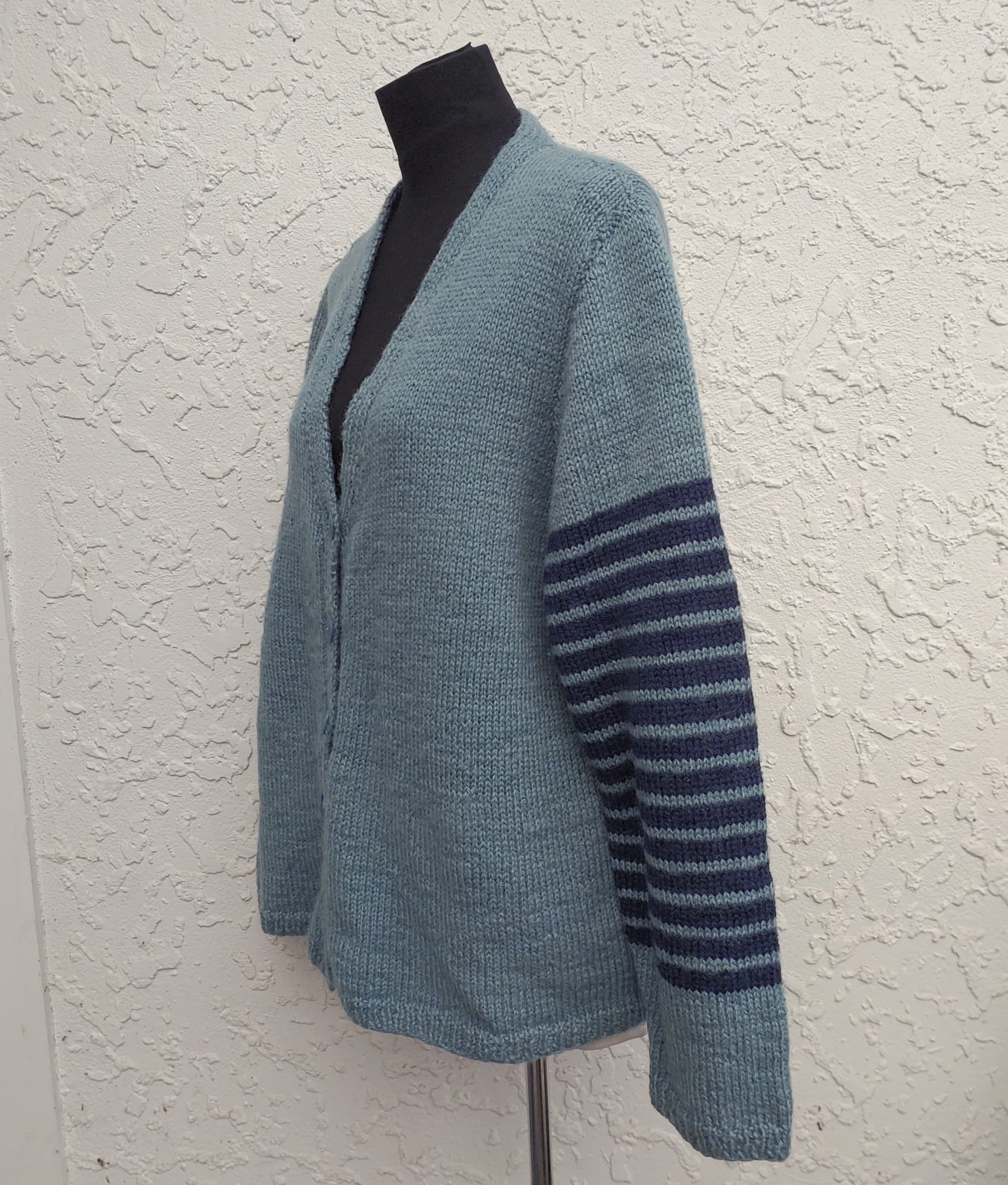 Oversized hand-knitted cardigan, teal with navy Striped Sleeves, Wool Blend — photo 2 of 9