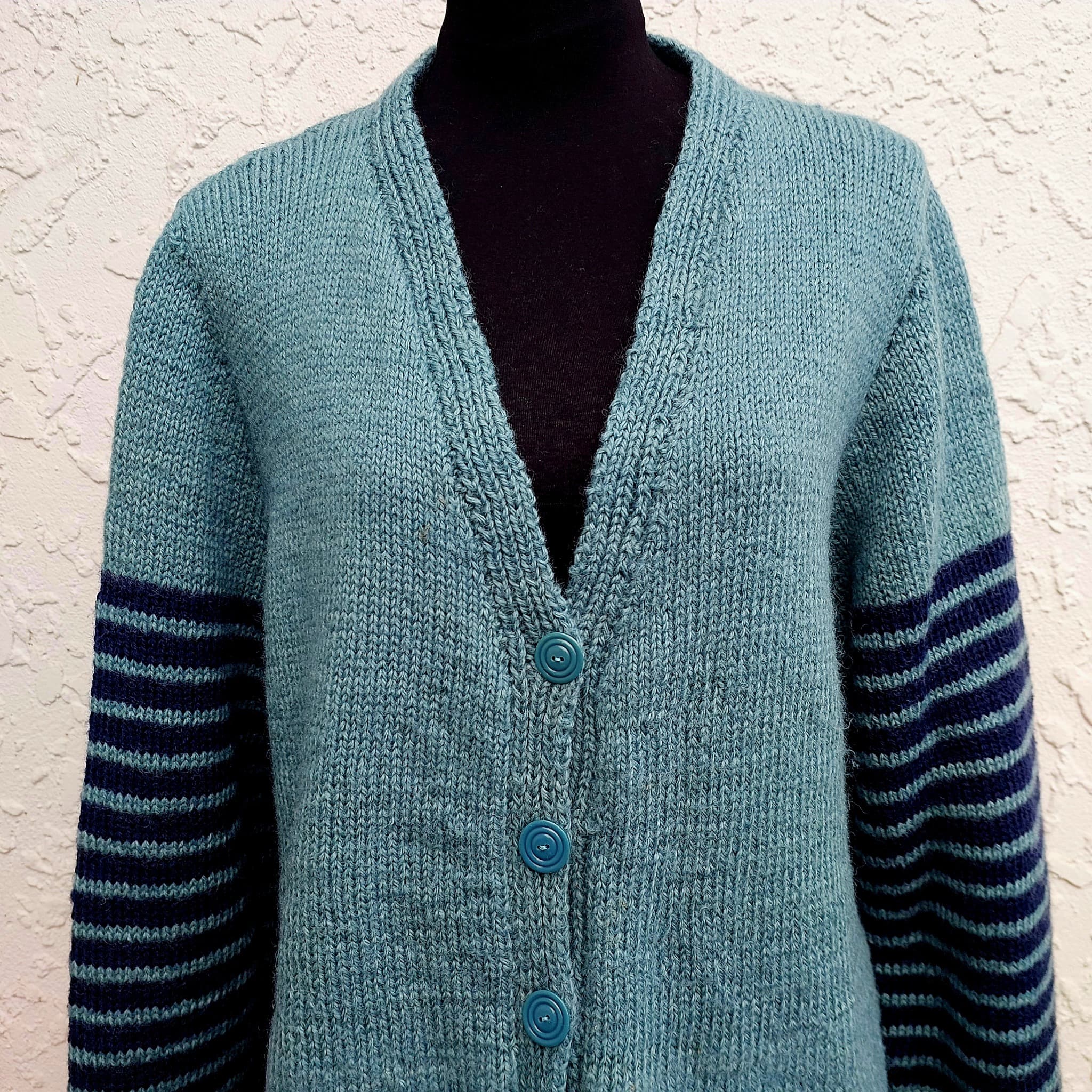 Oversized hand-knitted cardigan, teal with navy Striped Sleeves, Wool Blend — photo 3 of 9