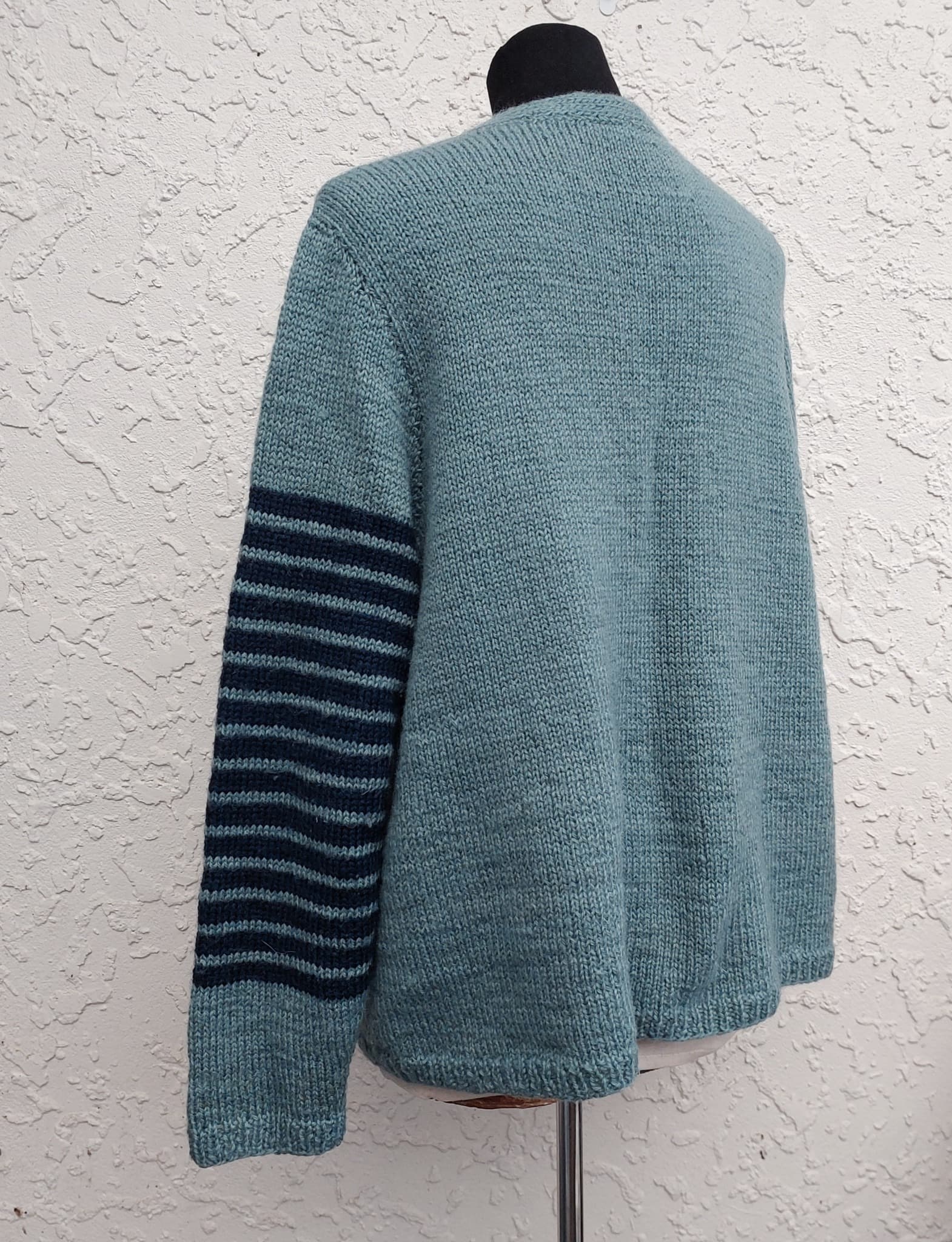 Oversized hand-knitted cardigan, teal with navy Striped Sleeves, Wool Blend — photo 4 of 9