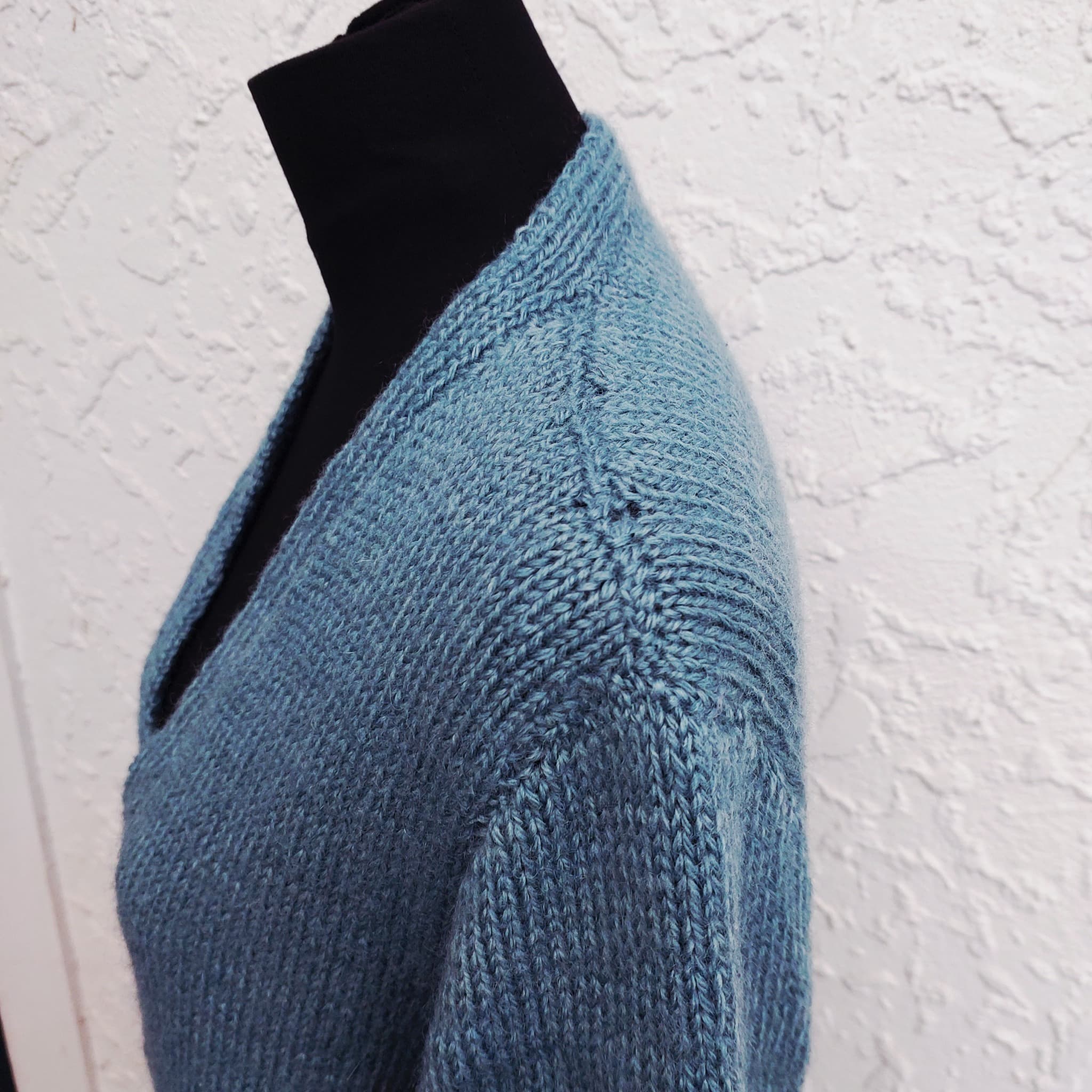Oversized hand-knitted cardigan, teal with navy Striped Sleeves, Wool Blend — photo 5 of 9