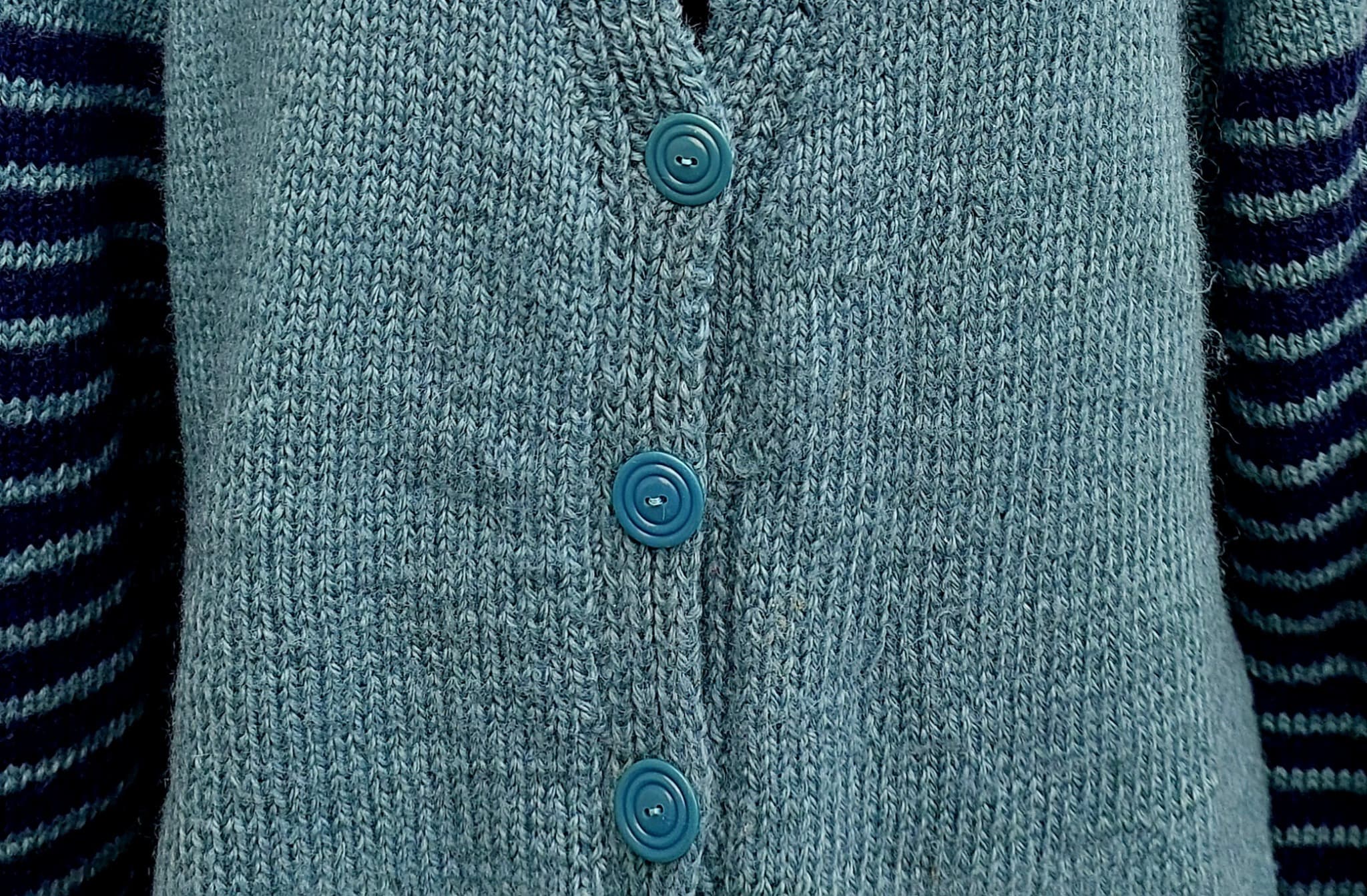 Oversized hand-knitted cardigan, teal with navy Striped Sleeves, Wool Blend — photo 6 of 9