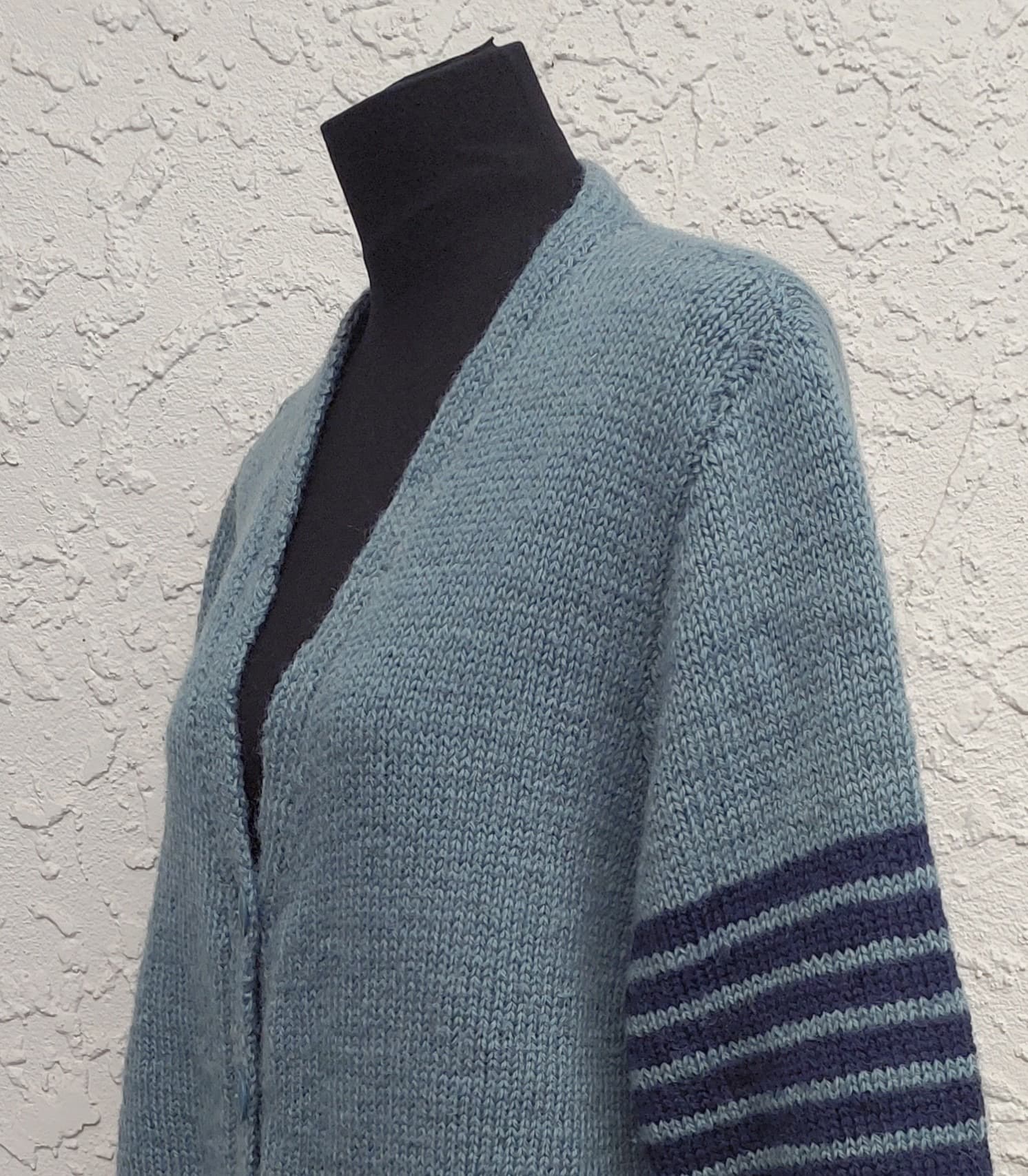 Oversized hand-knitted cardigan, teal with navy Striped Sleeves, Wool Blend — photo 7 of 9
