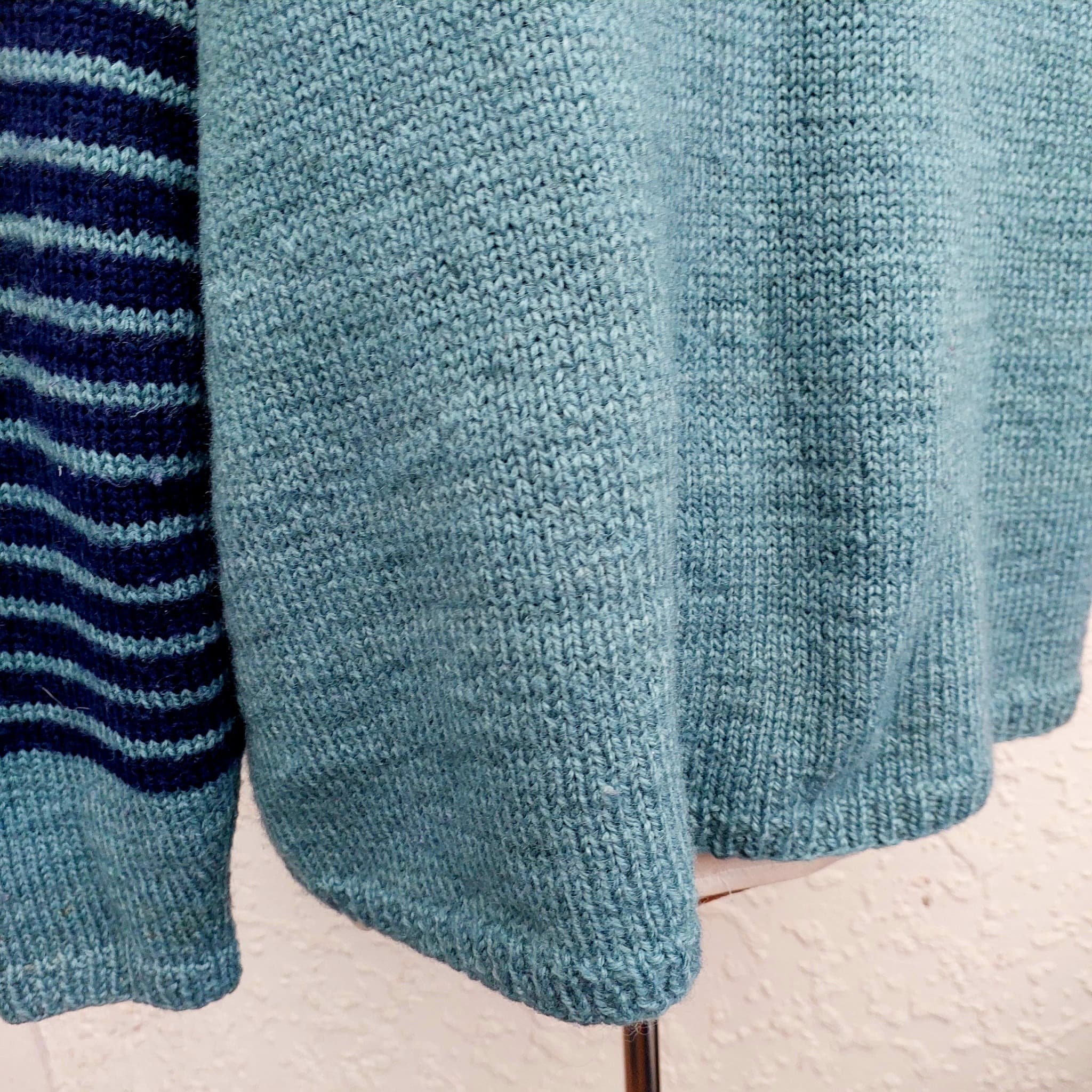Oversized hand-knitted cardigan, teal with navy Striped Sleeves, Wool Blend — photo 9 of 9